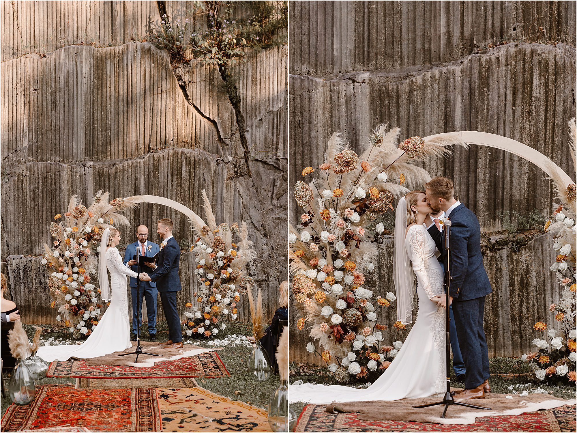 bride and groom kiss in front of circle ceremony arbor surrounded by cream and orange ceremony decor