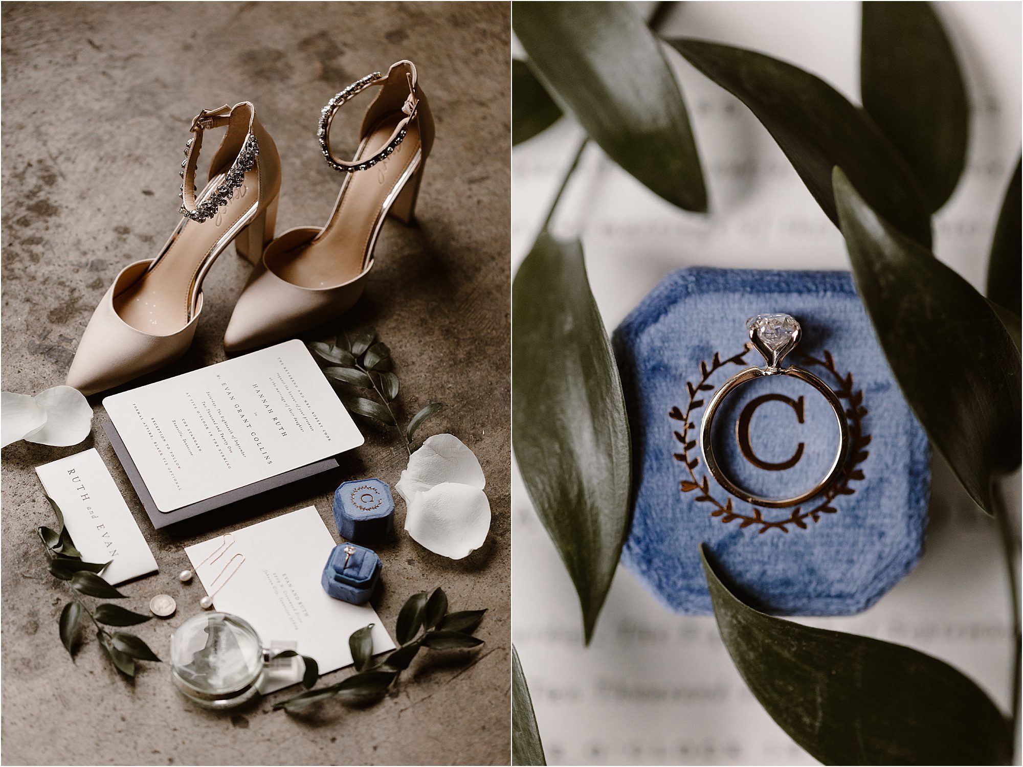 wedding details with ring box and invitations