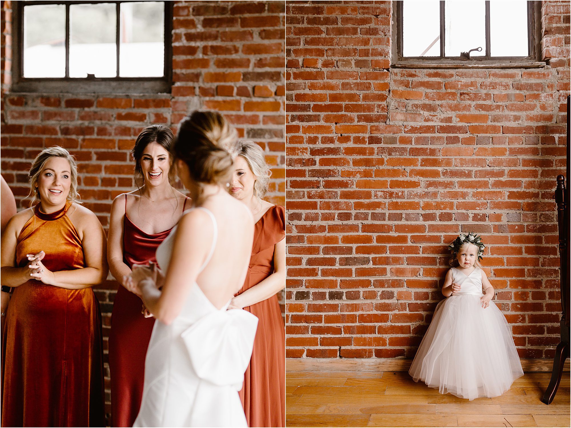 first look with bridesmaids and flower girl along red brick wall