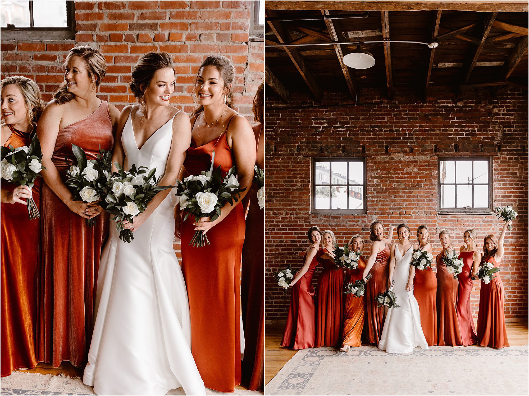 bride and bridesmaid photos with orange dresses