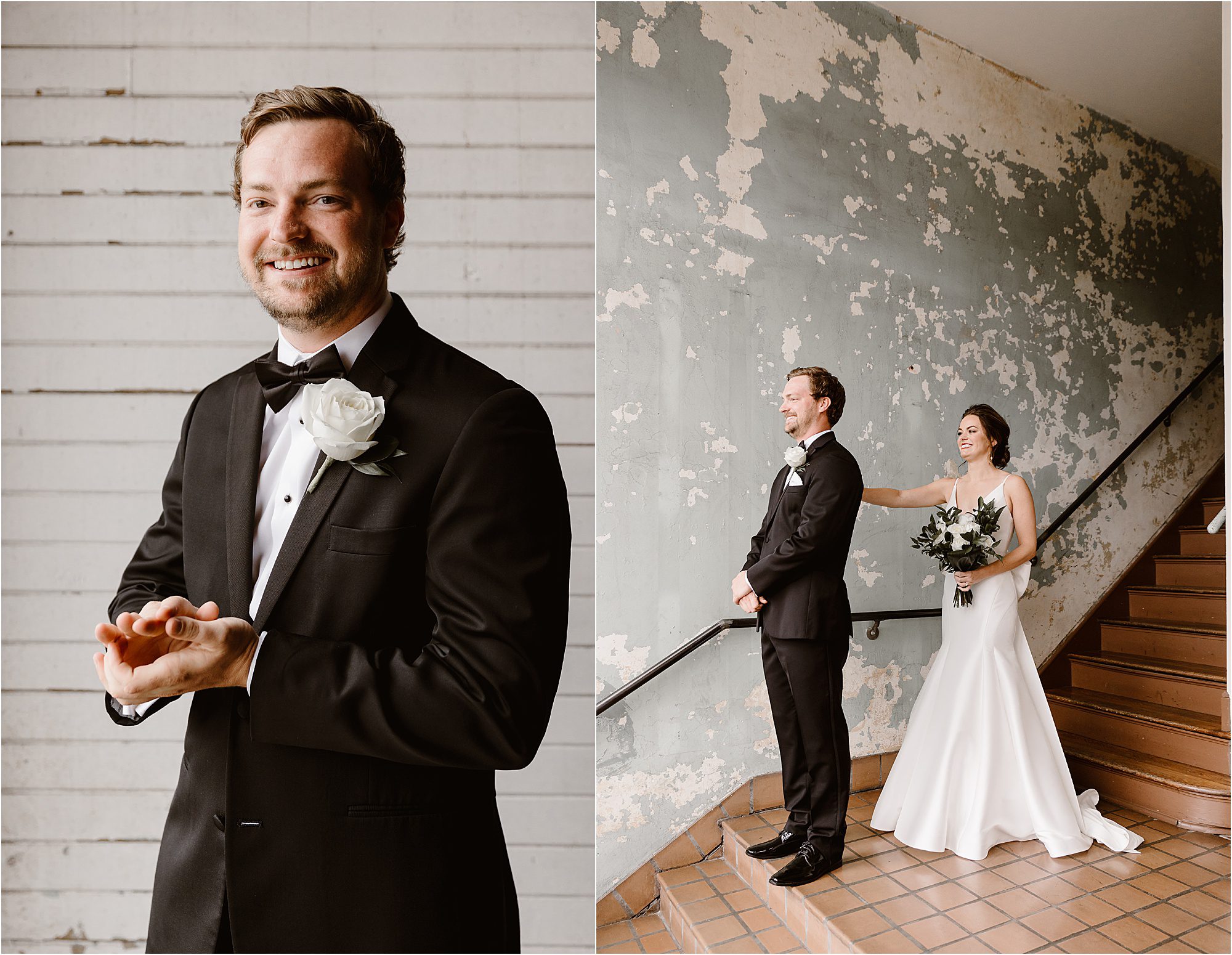 first look between bride and groom at black and white wedding