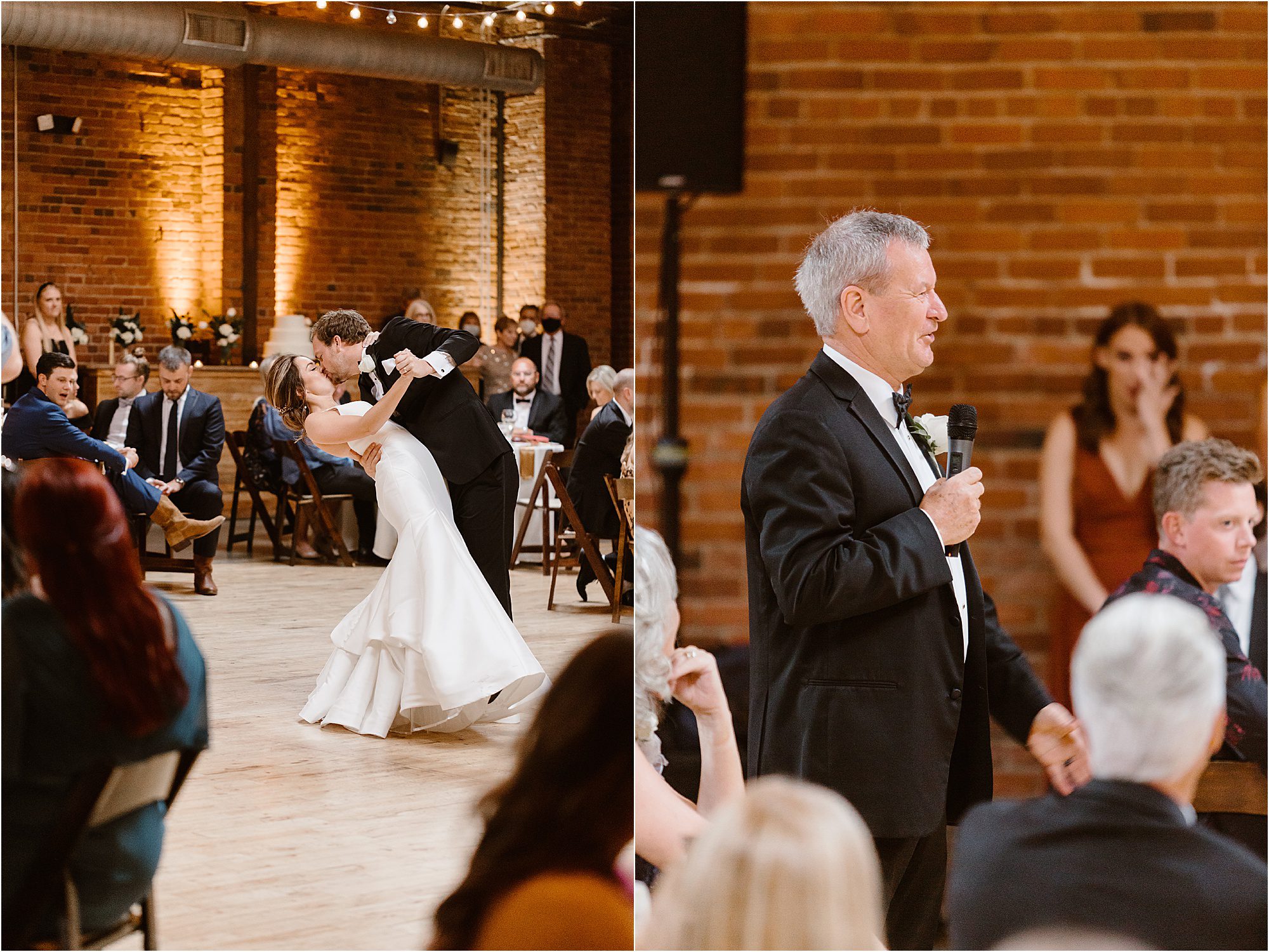 groom dips bride during first dance and father gives a toast