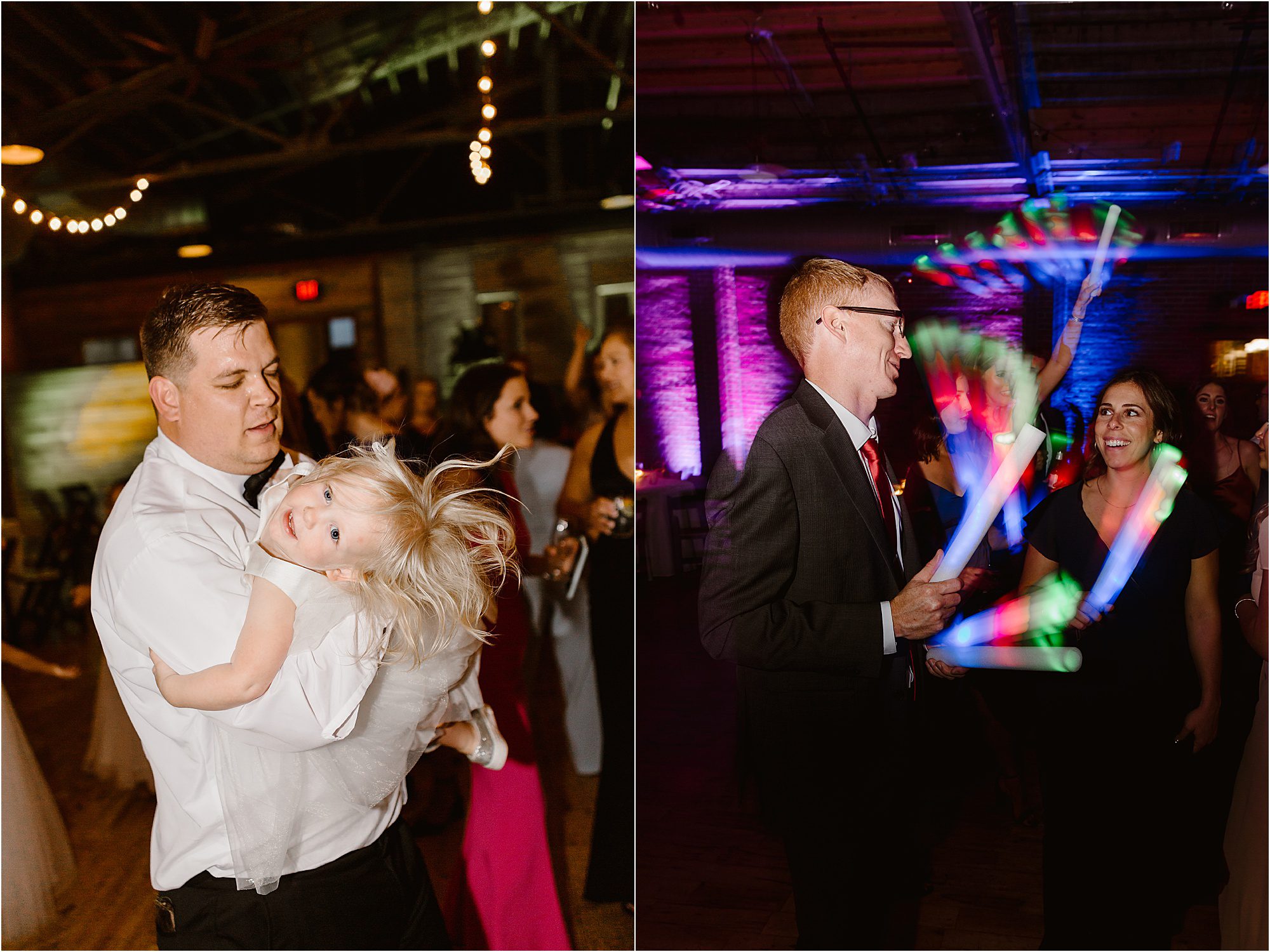 fun dancing and light drag photos at wedding reception