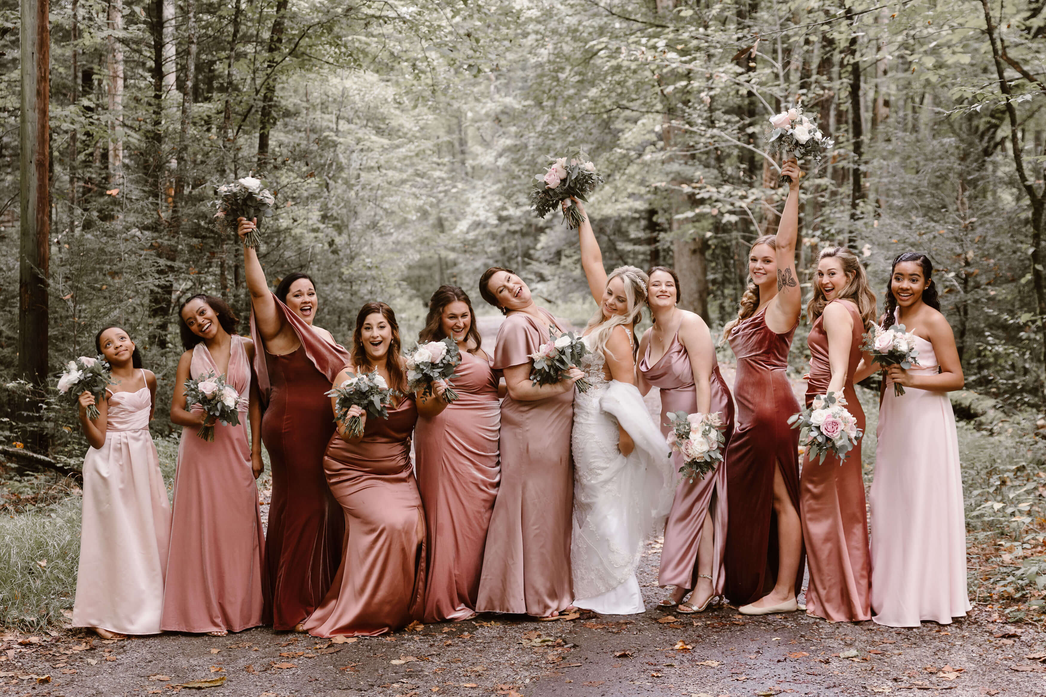 bride and bridesmaids in pink and white dresses photographed by Smokies Wedding Photographer Erin Morrison