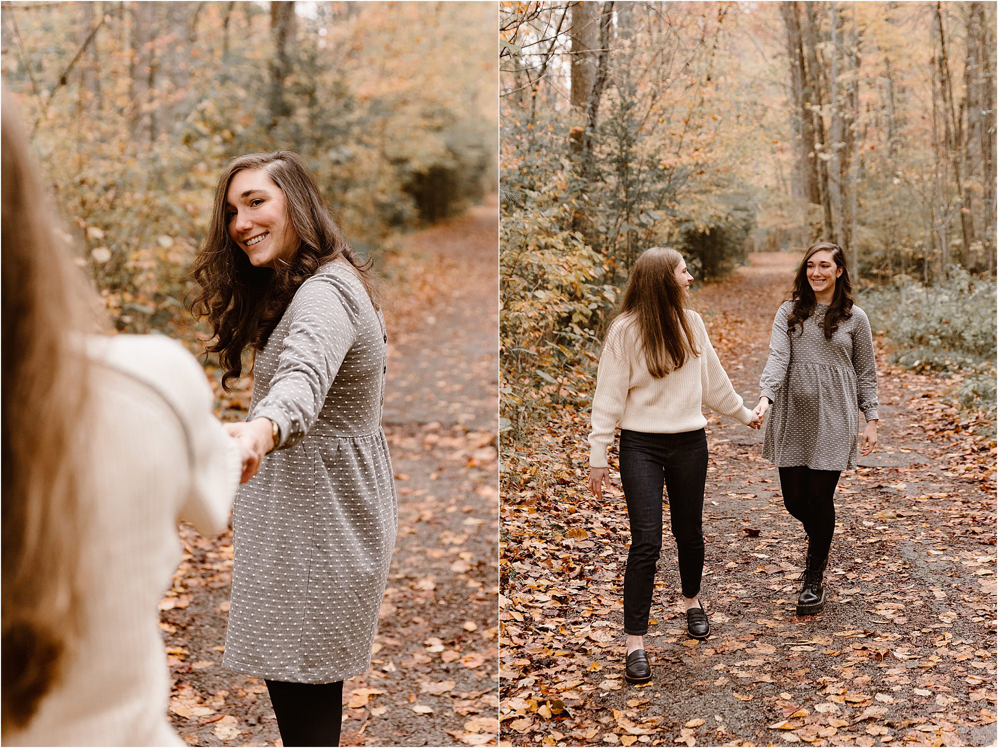 two women laughing and walking on trail in woods during the Fall season