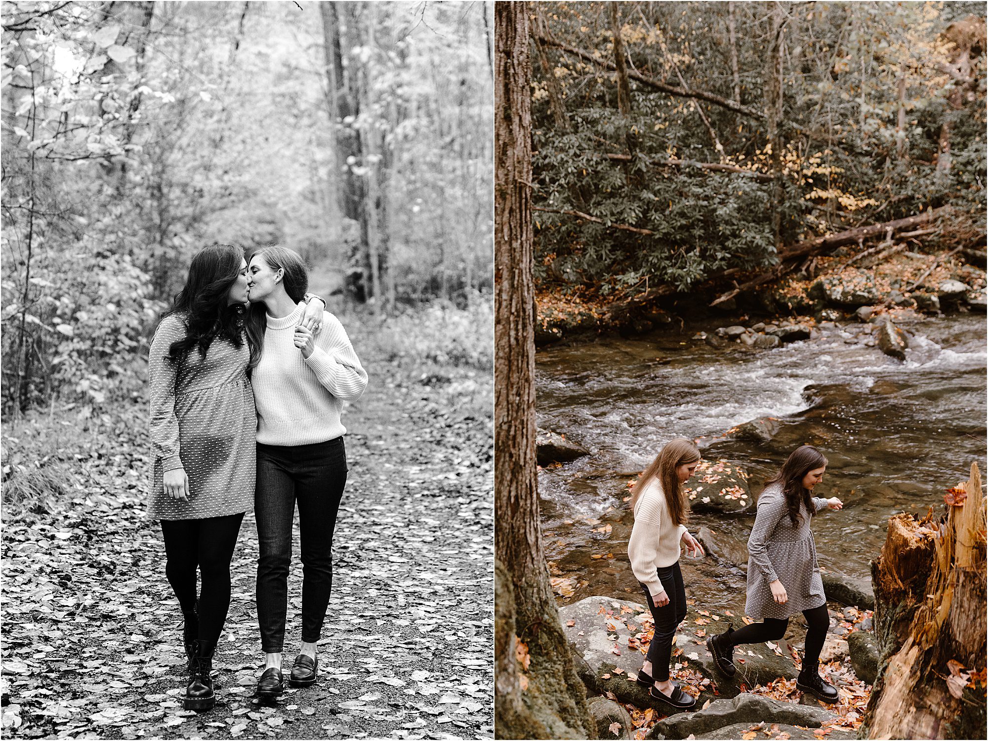 two women walking in the woods along riverside and kissing