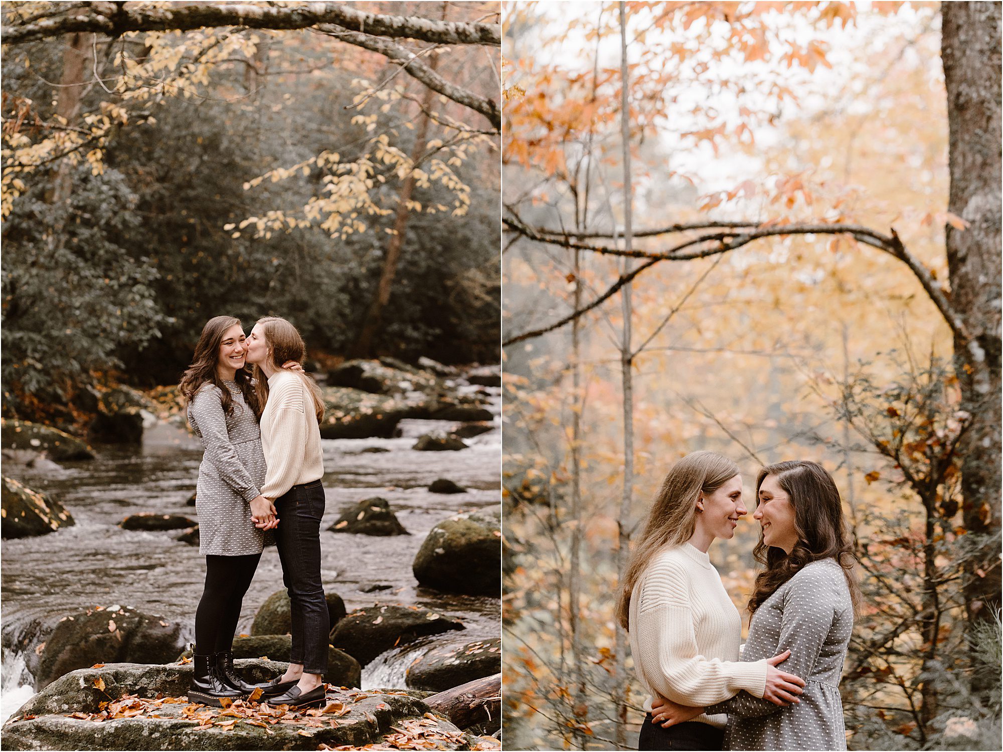 two women standing near river's edge who holding hands and kissing