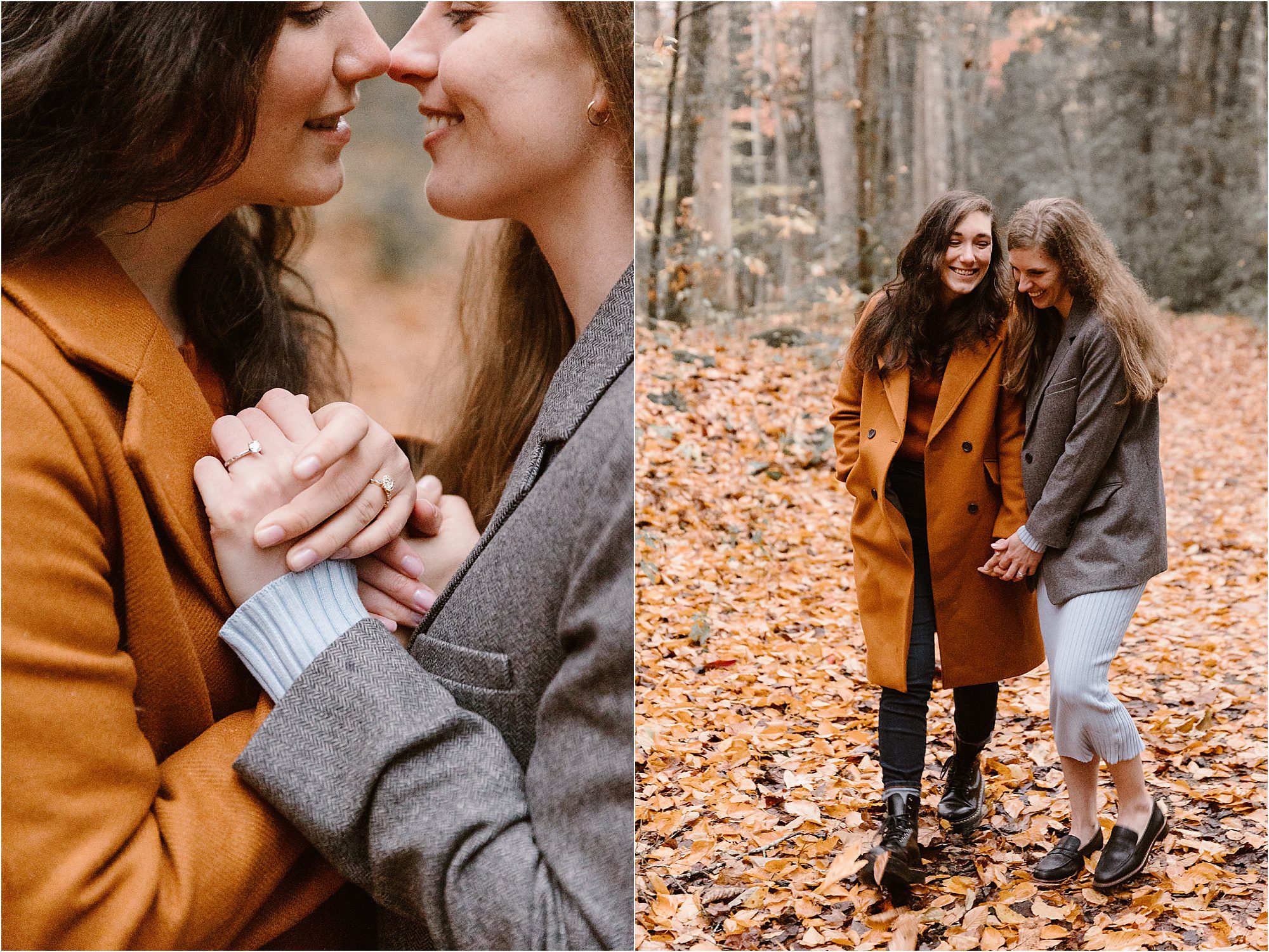 cozy engagement photos in the woods at peak colors in Tennessee