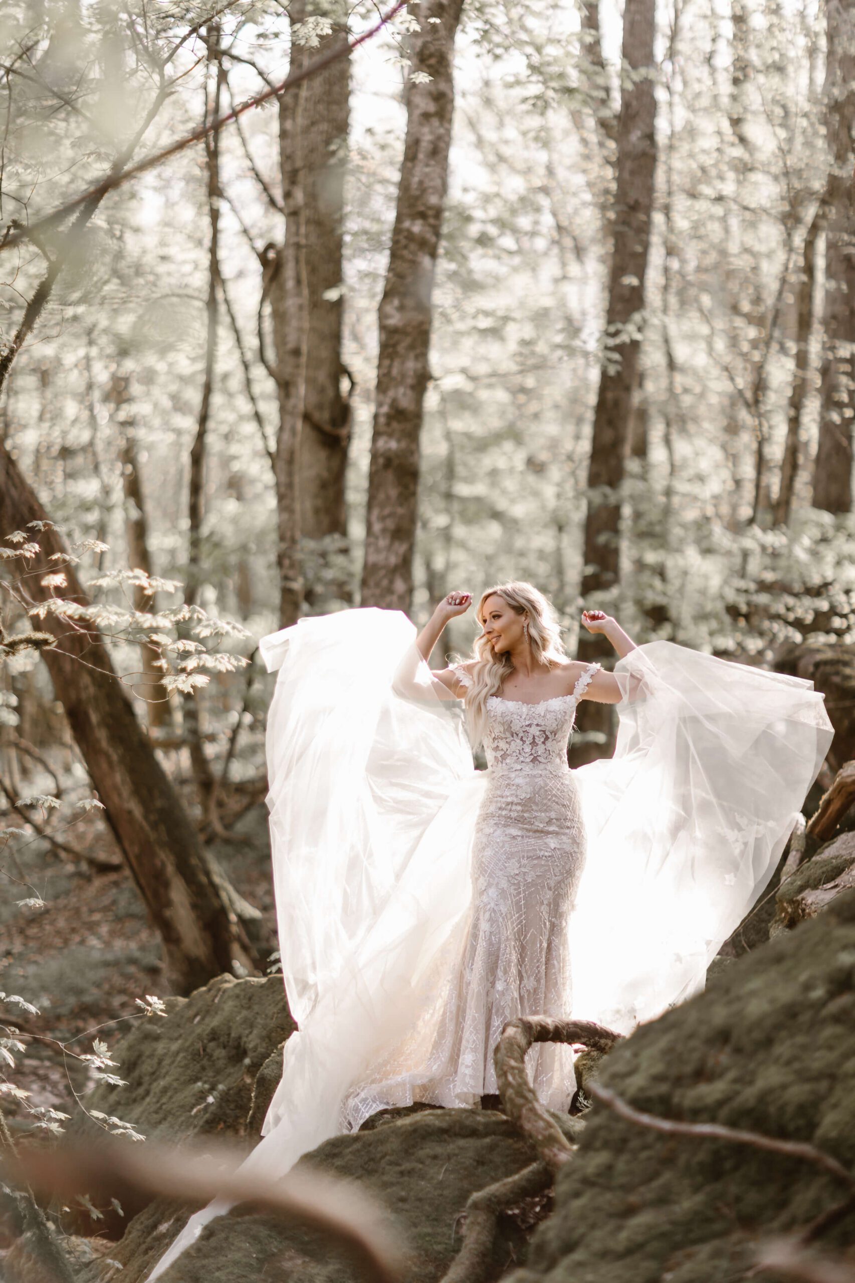 bride in detailed wedding dress with long train photographed Knoxville Wedding Photographer Erin Morrison Photography