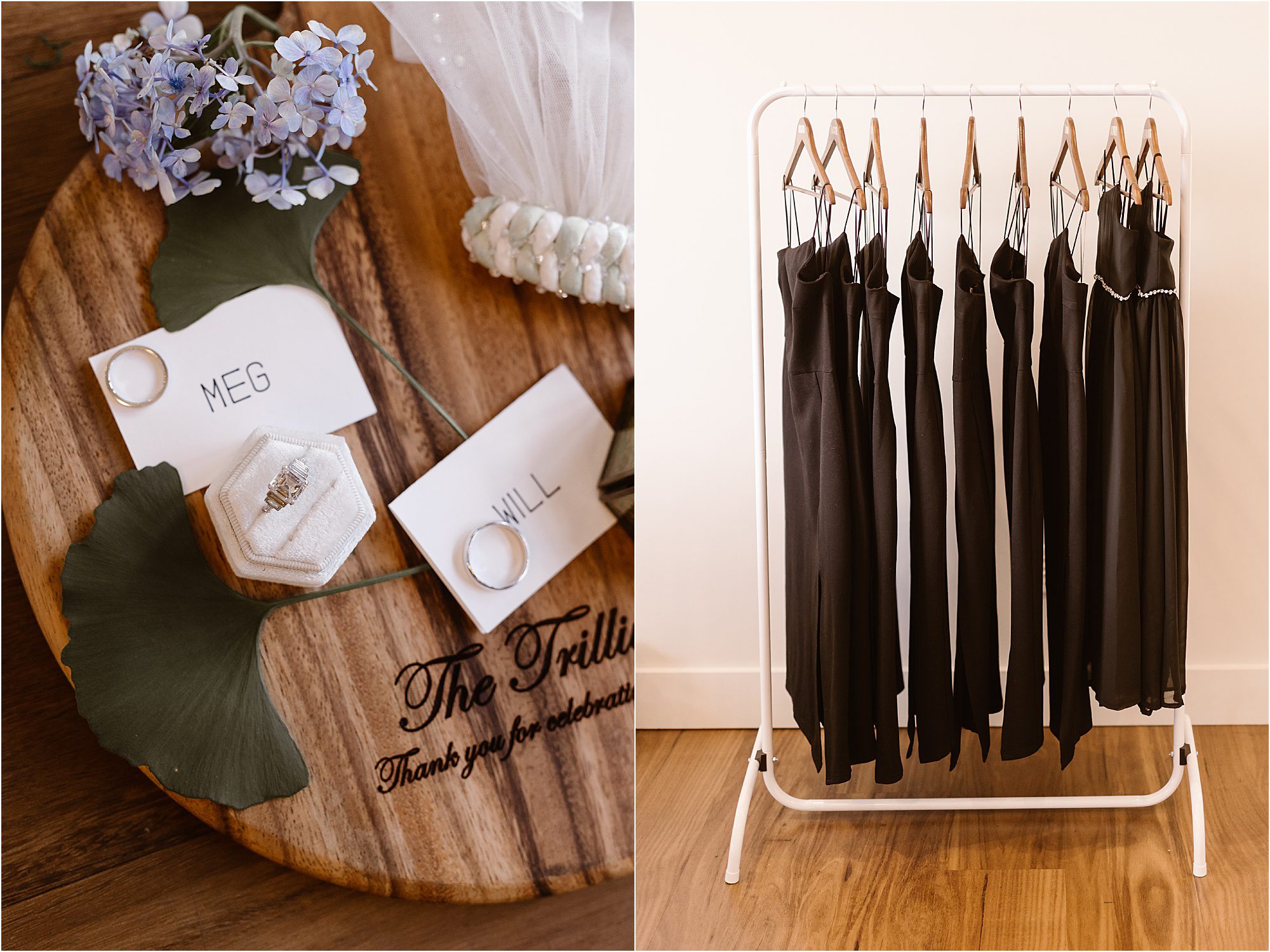 wedding details photos with rings and black bridesmaid dresses on hanging rack