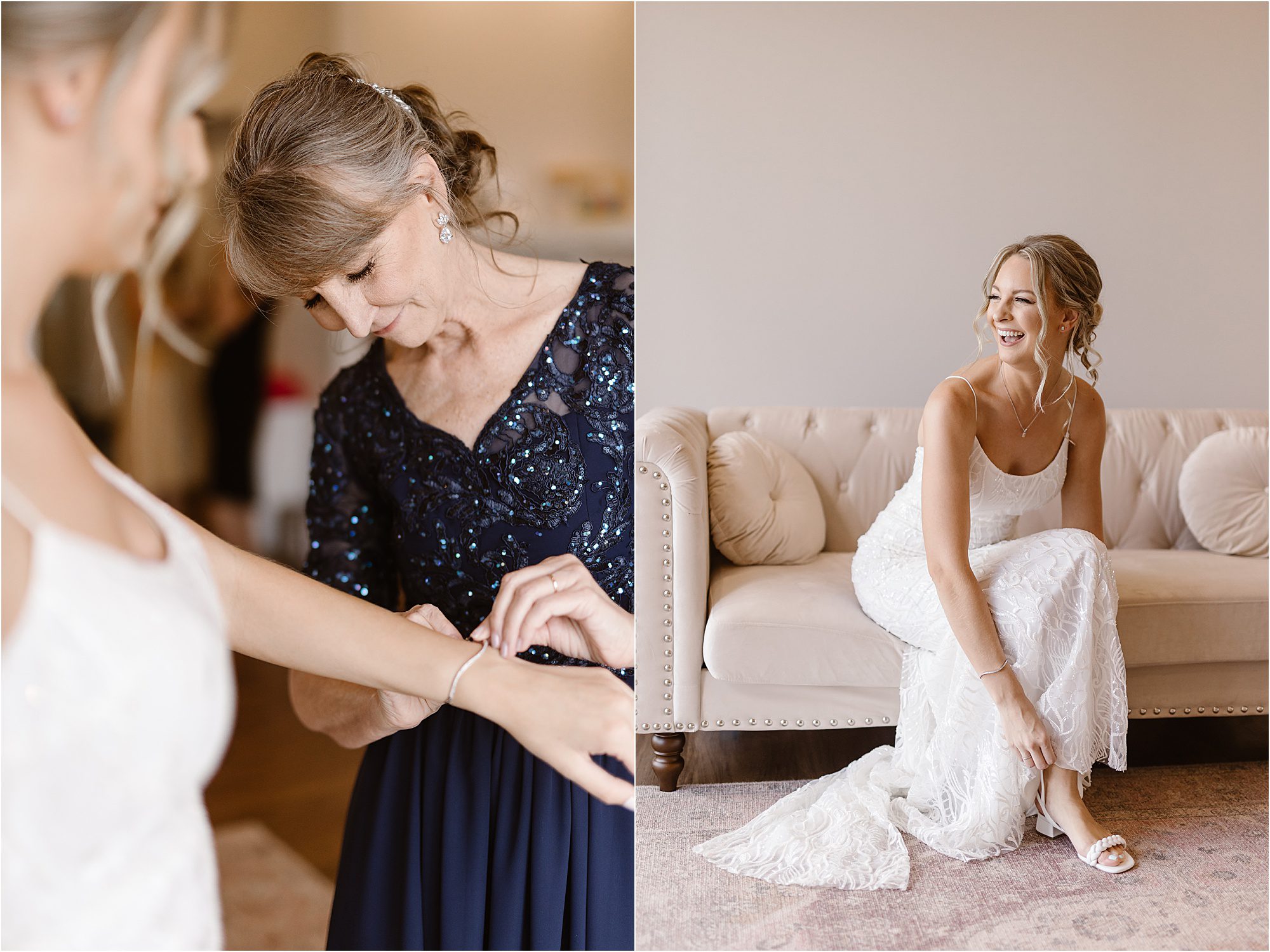 bride putting on bracelet and wedding shoes while sitting on couch