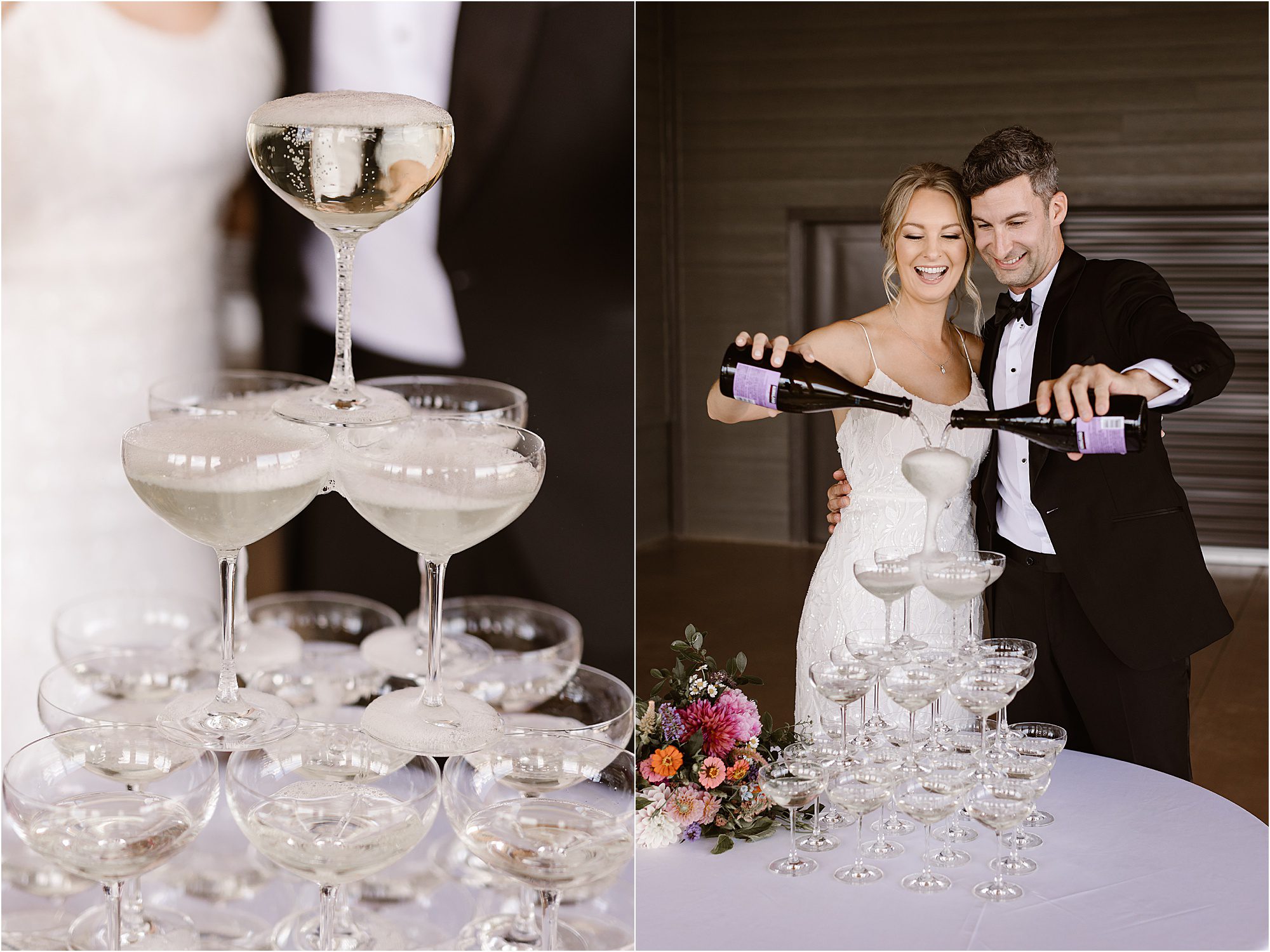 bride and groom pour champagne into champagne glasses 