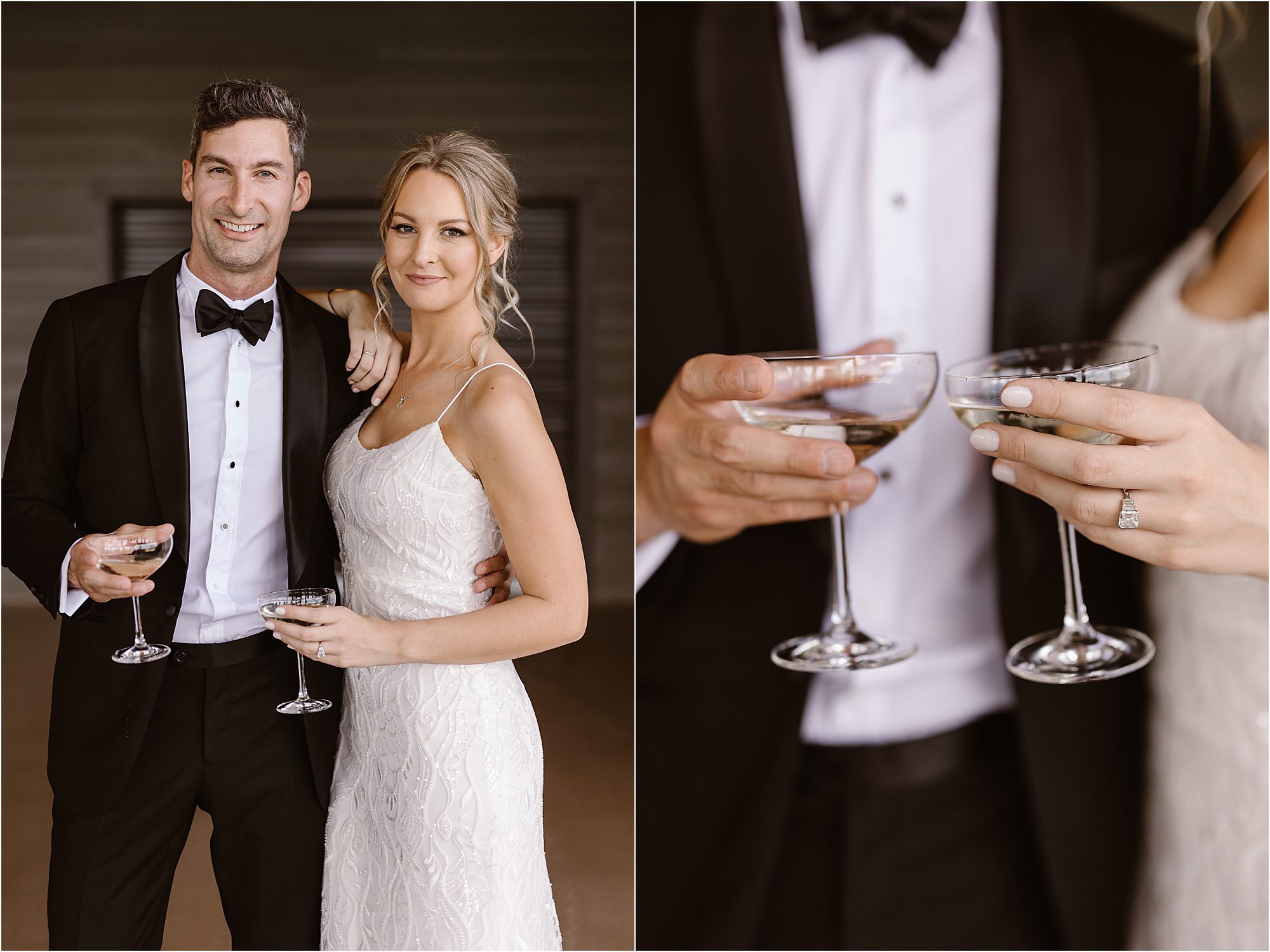 bride and groom hold champagne glasses and toast on wedding day