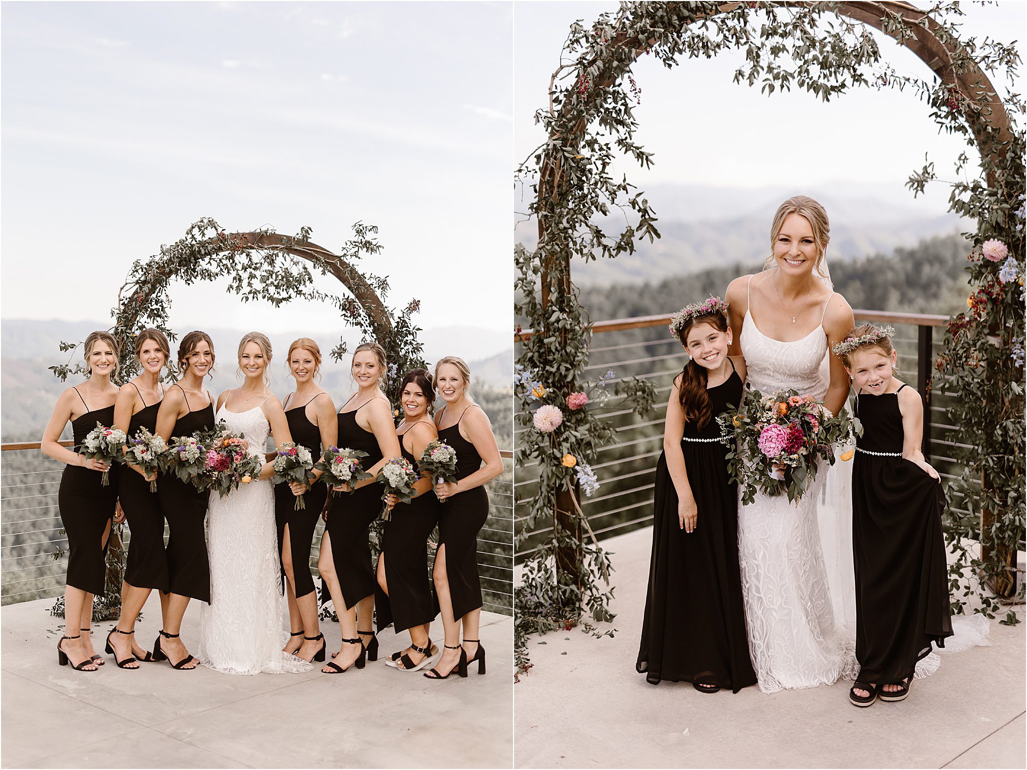 bride and flower girls stand in front of floral arbor overlooking the mountains