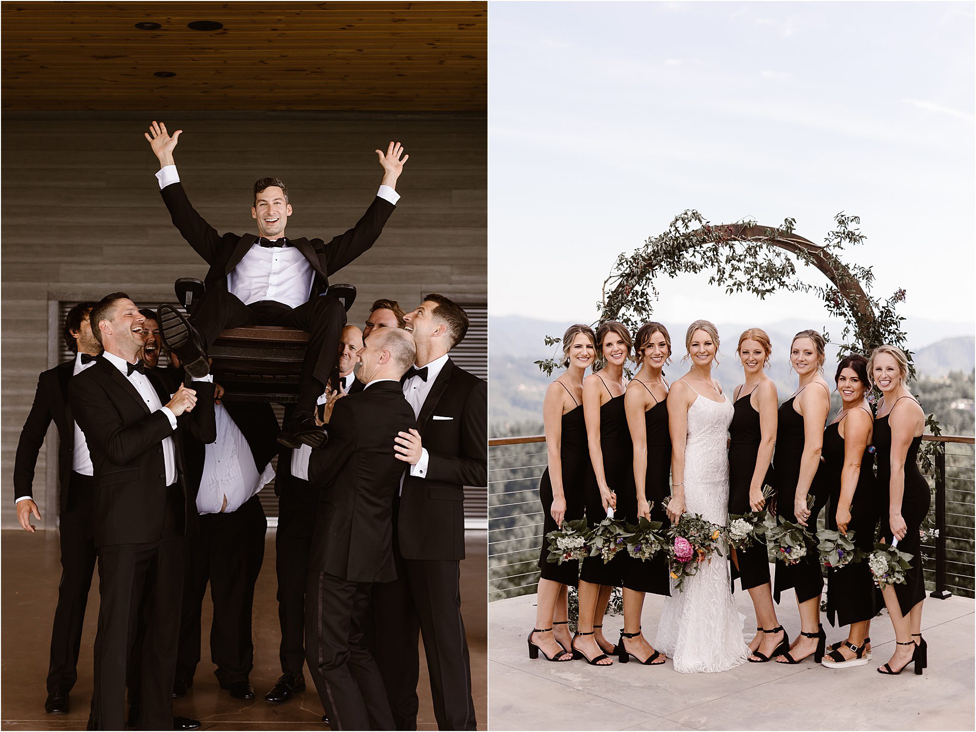 fun wedding party photos with bride and groom in black-tie formalwear 