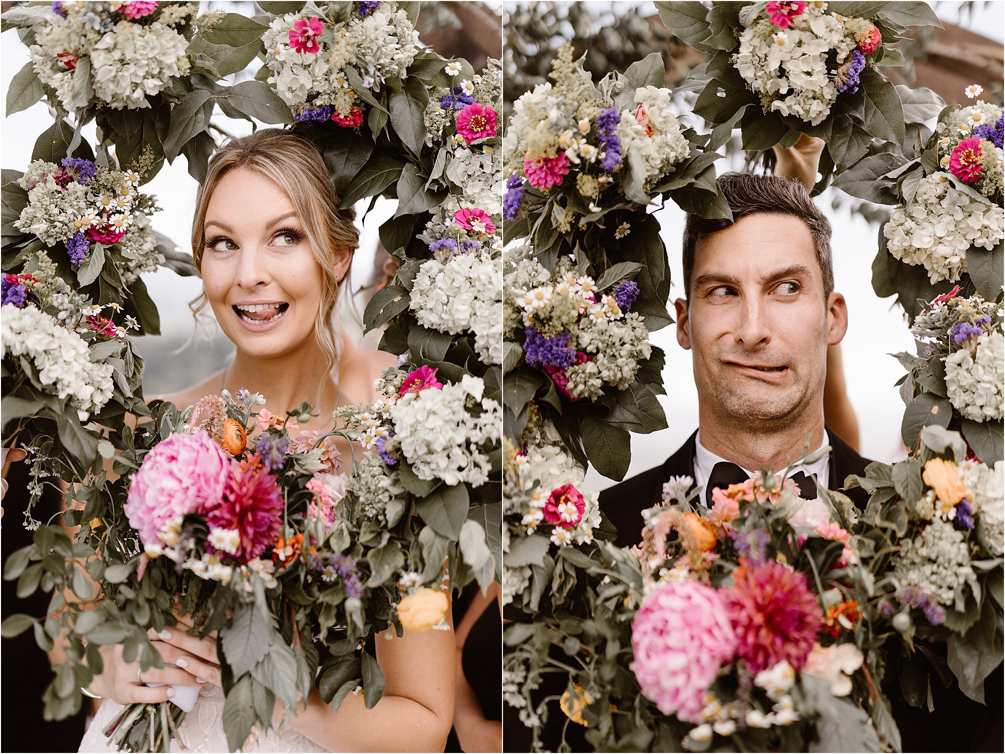 fun bride and groom photos with flower bouquets surrounding