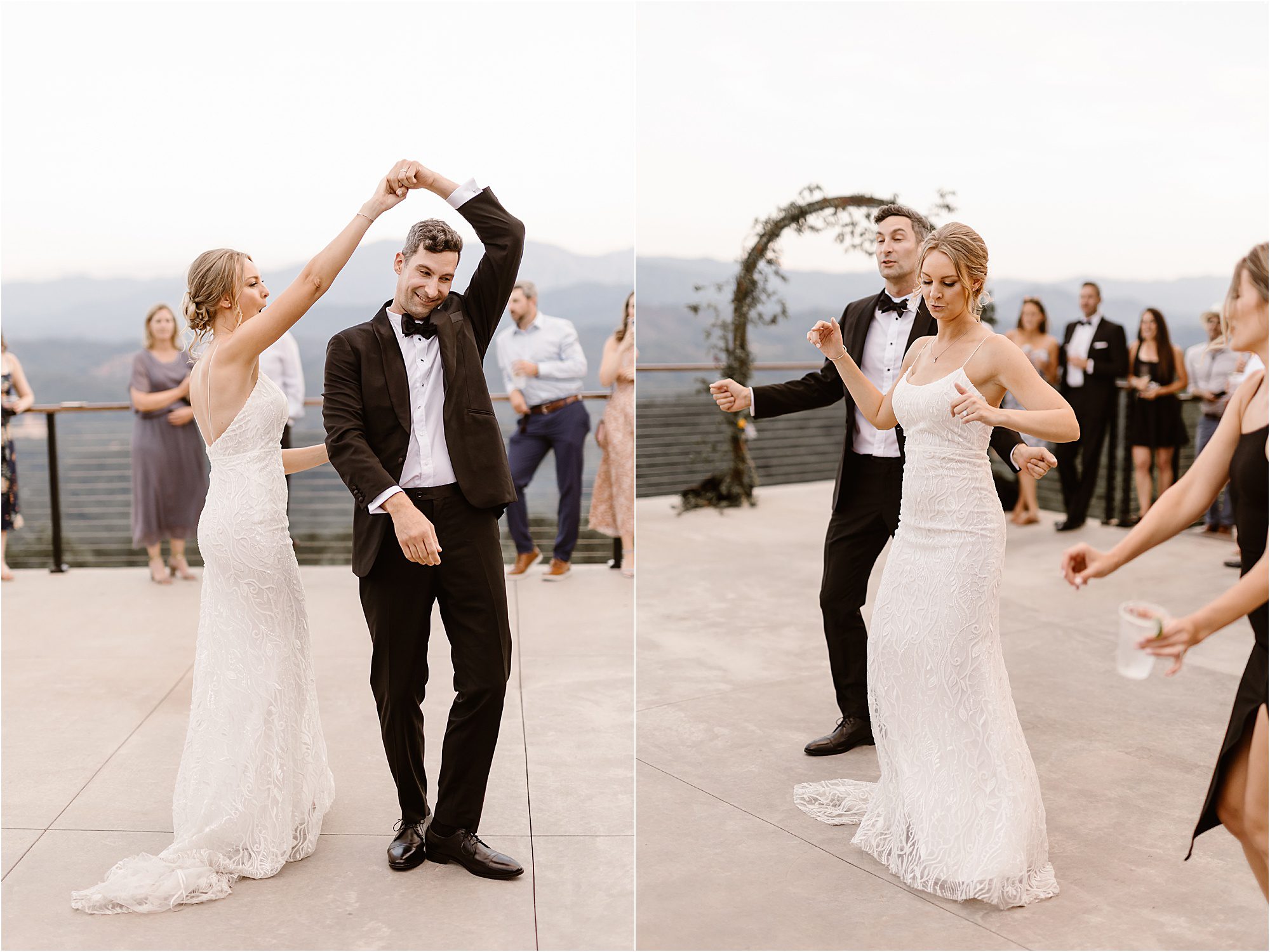 first dance photos at wedding reception overlooking the Smokies