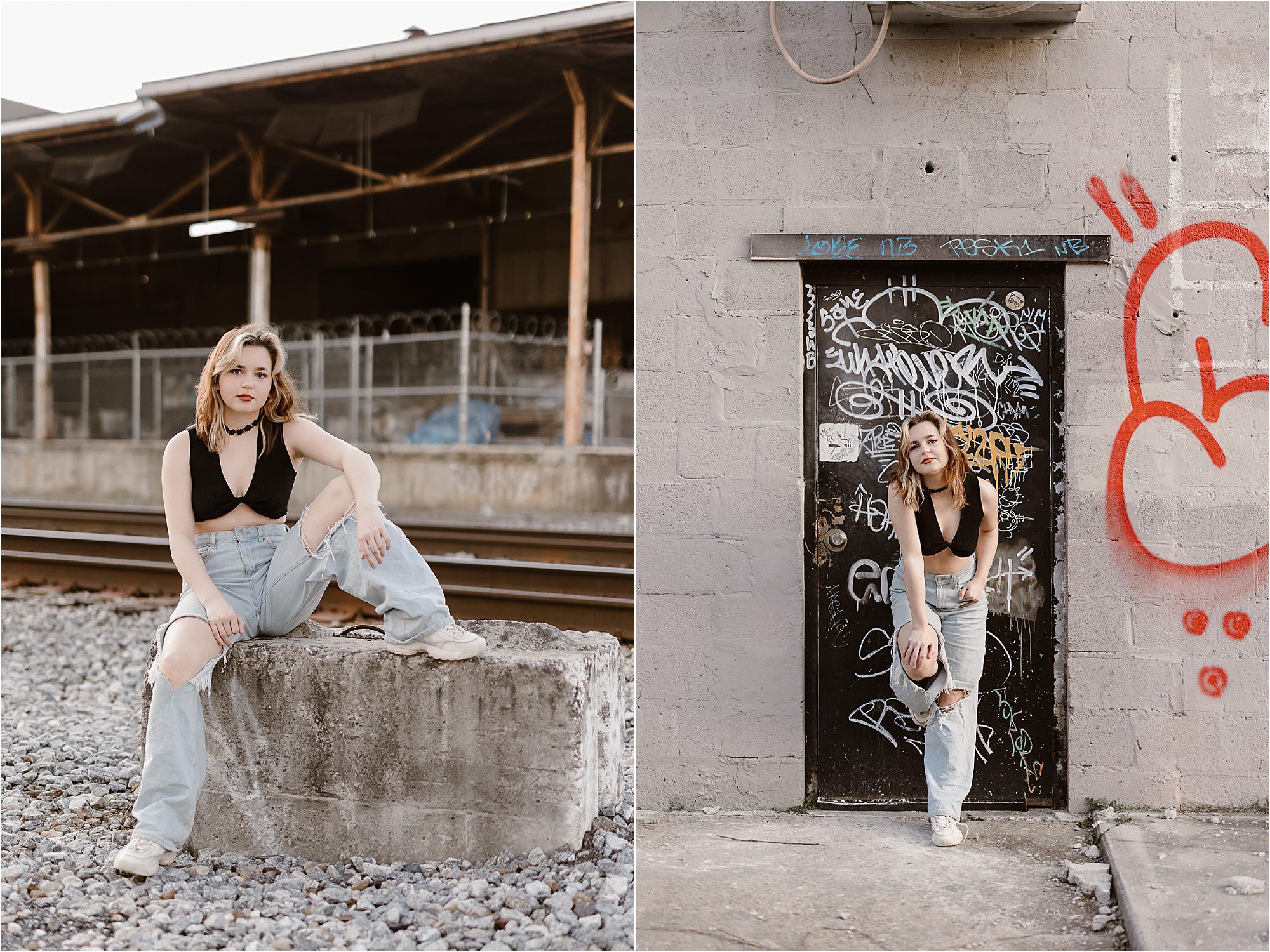Old City Knoxville senior photos with girl in ripped jeans and black halter top