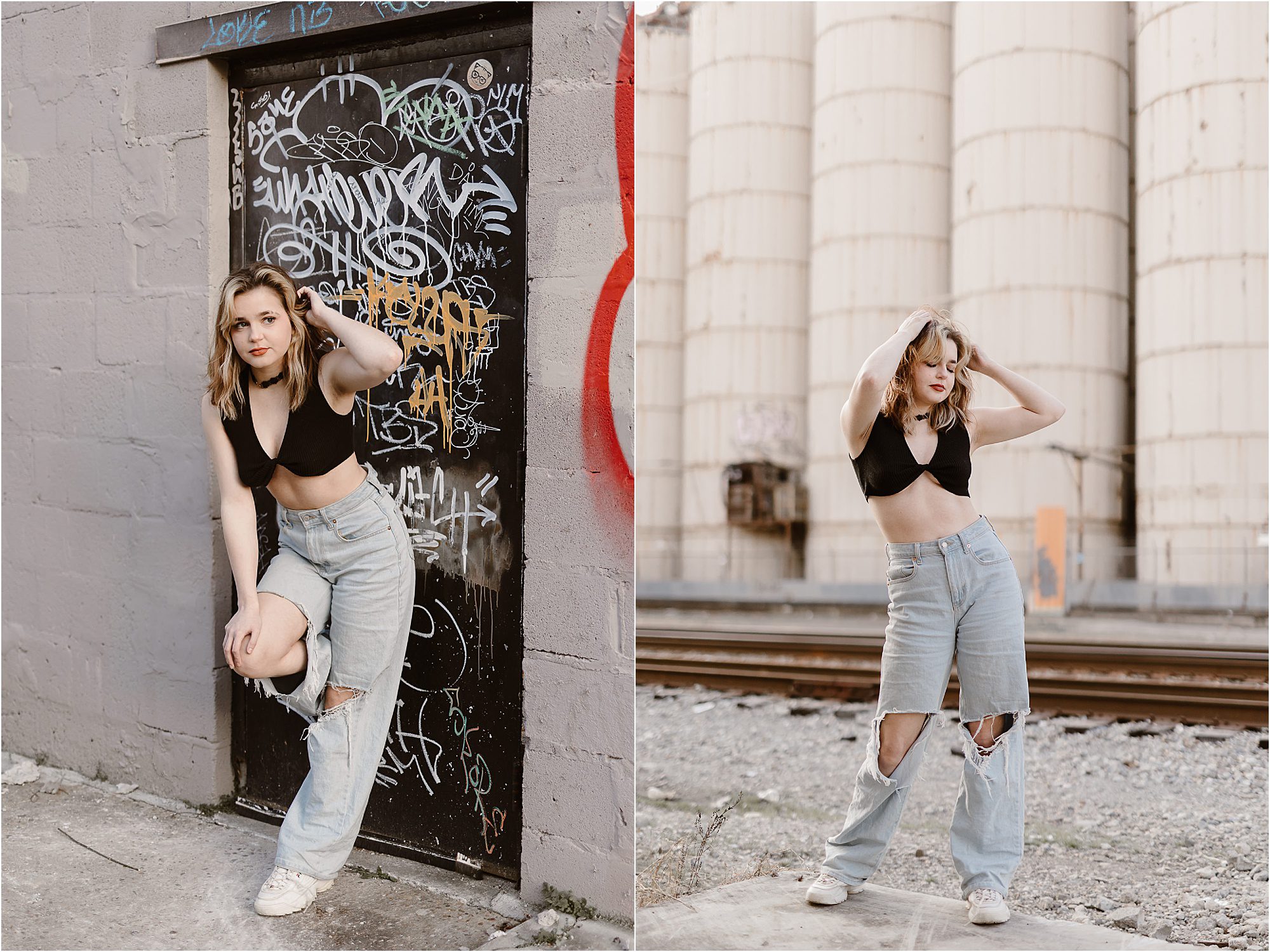 girl leaning on graffiti door in ripped jeans and black halter top for senior photos
