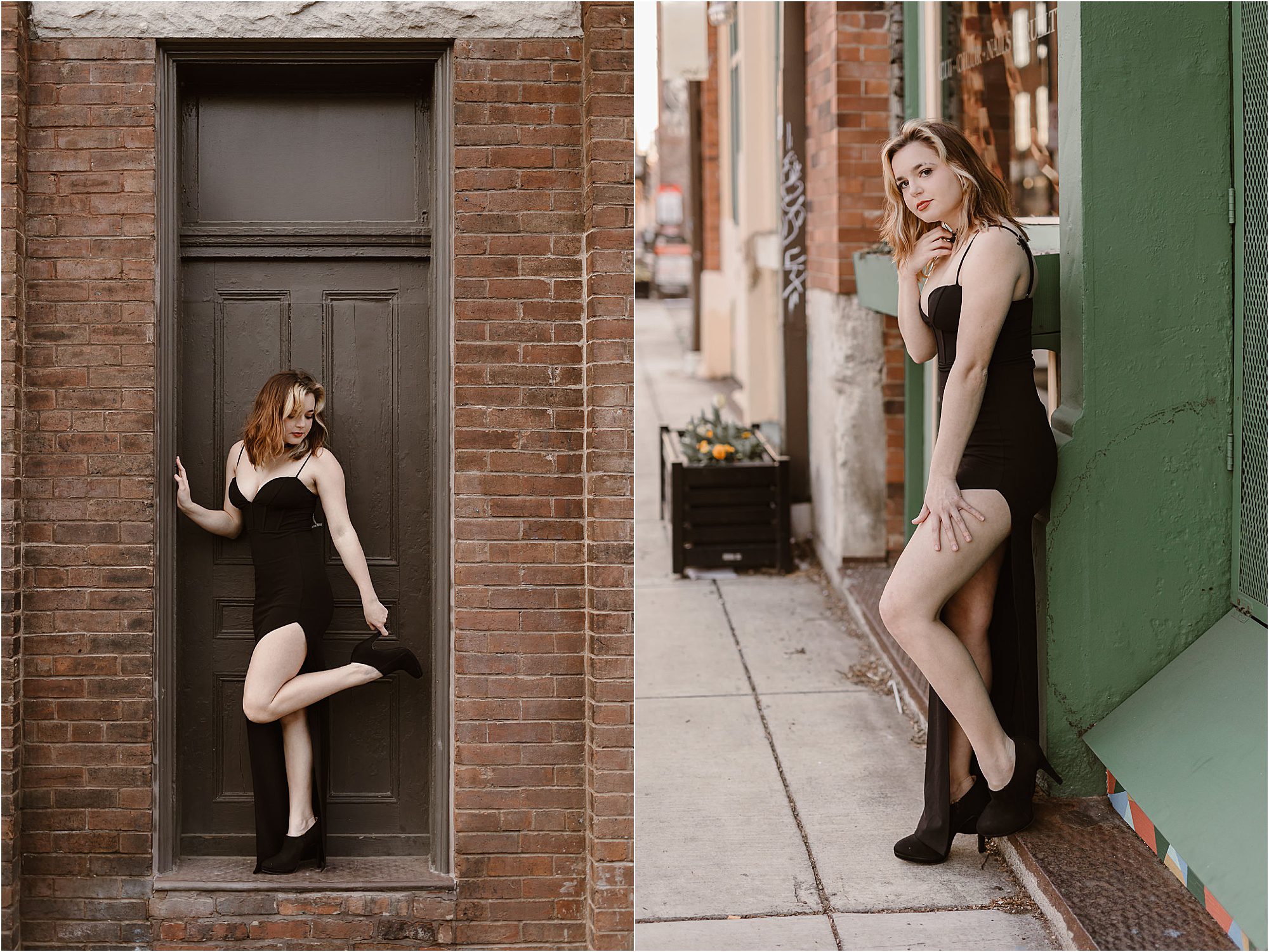 senior girl in chic black dress and black boots leaning in doorway on street