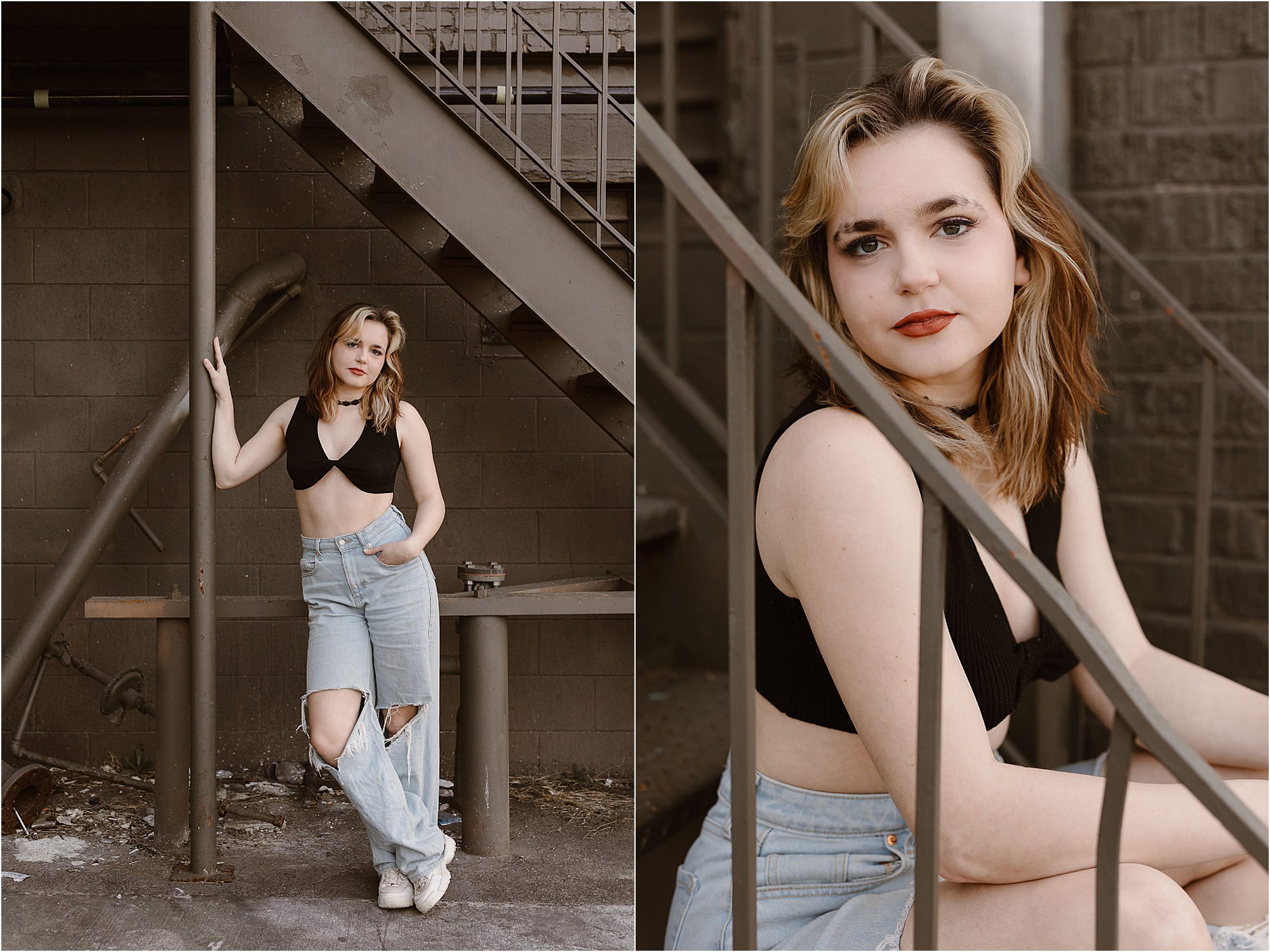 girl in cut jeans and black halter top for Knoxville senior photos