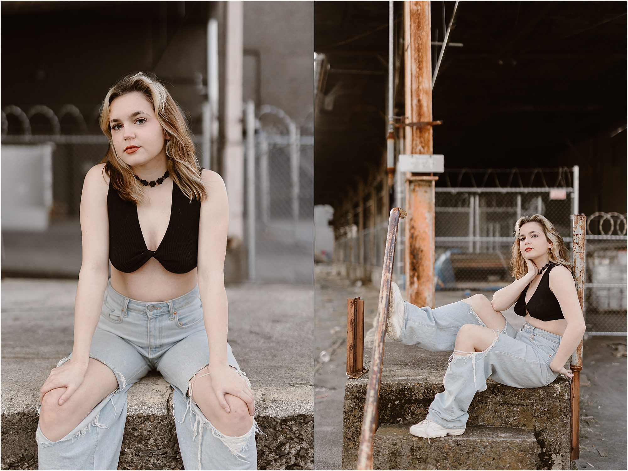 Knoxville senior sitting on old loading dock in ripped jeans and black halter top