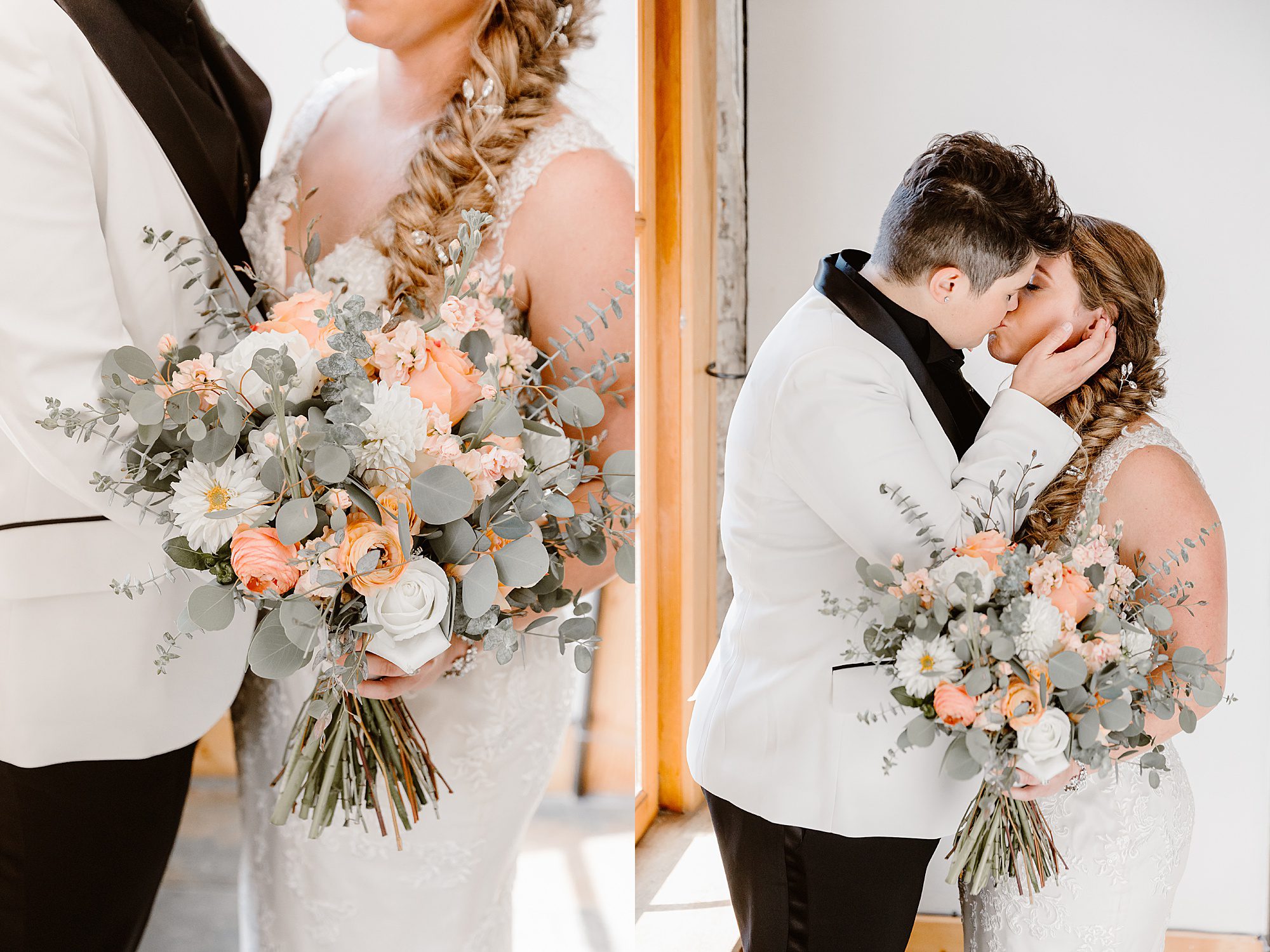 bride and bride kiss holding a large peach wedding bouquet