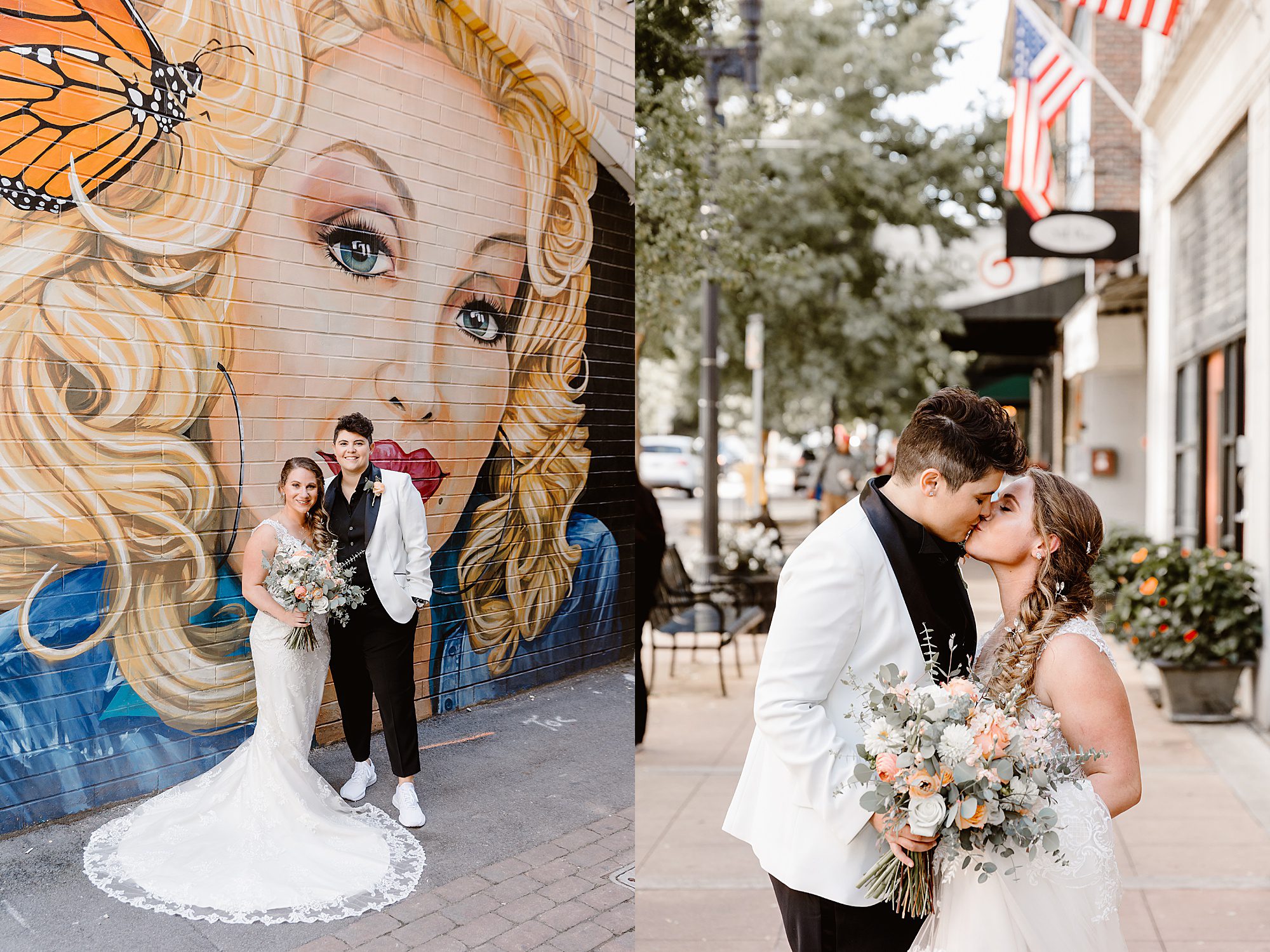 bride and bride kiss in front of Dolly Parton wall in Knoxville