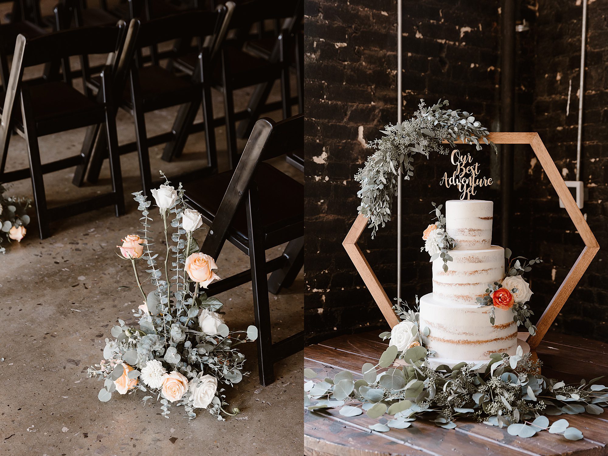 wedding cake and wedding ceremony decorations at urban warehouse with black walls