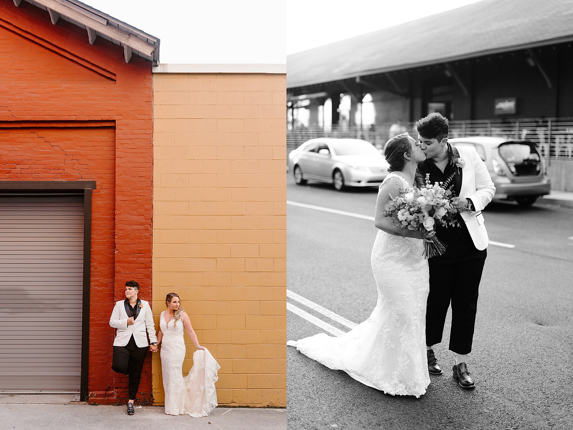 two brides walking down Knoxville at intimate wedding 