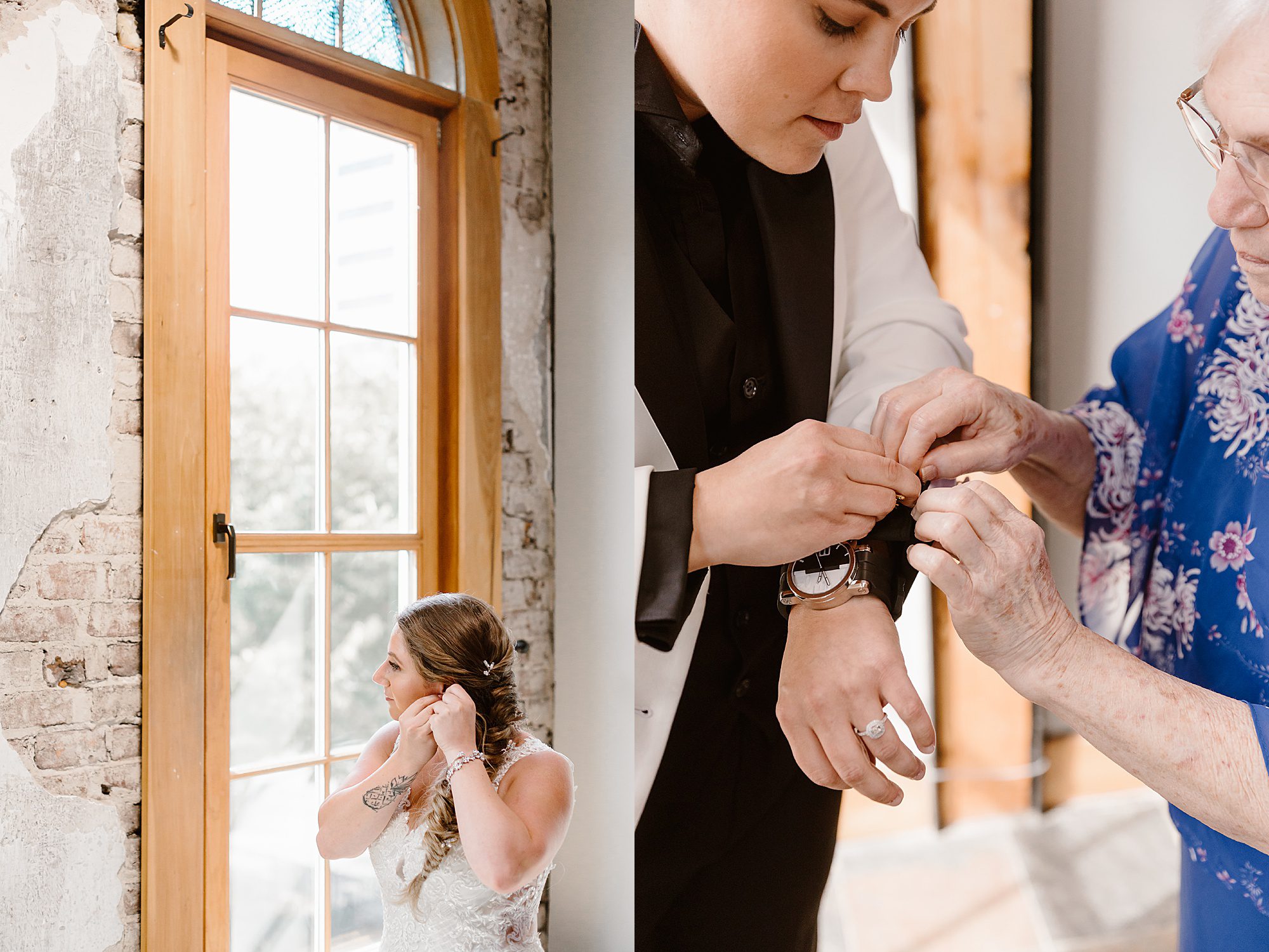 bride and bride get ready at wedding with putting on earrings and watch