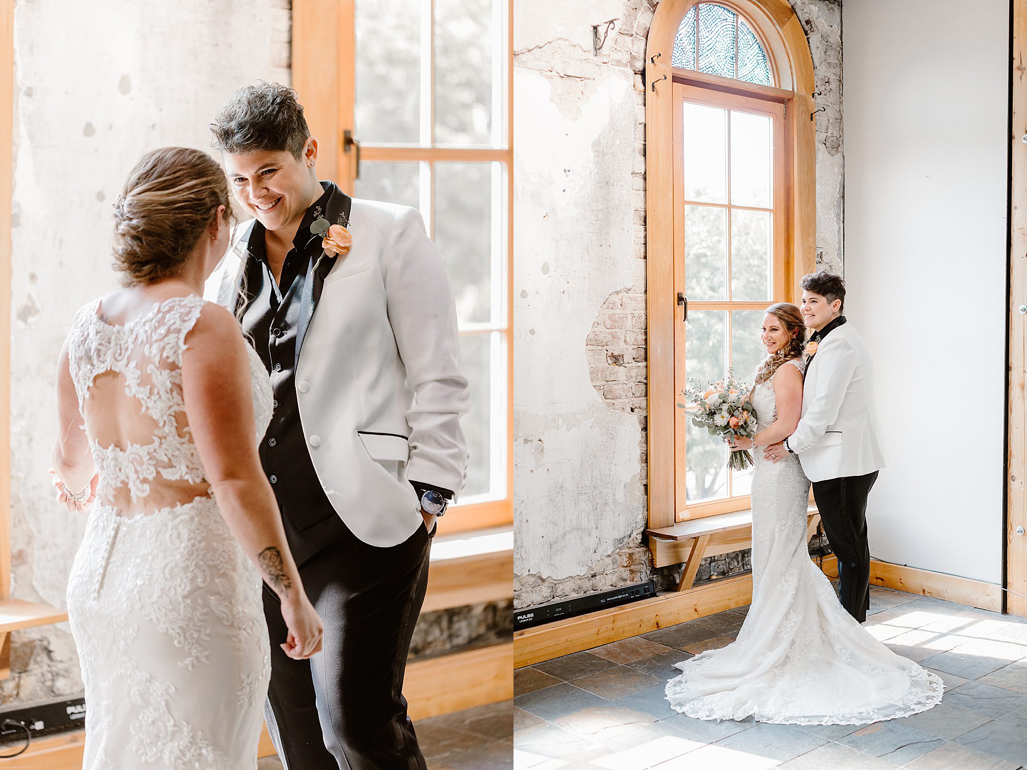 first look at couple photos for LGBTQ couple at intimate wedding