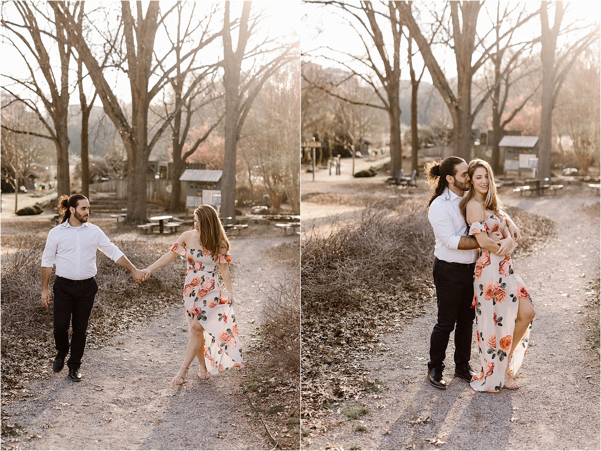 girl and boy dance at sunset at UT Gardens Knoxville for engagement session