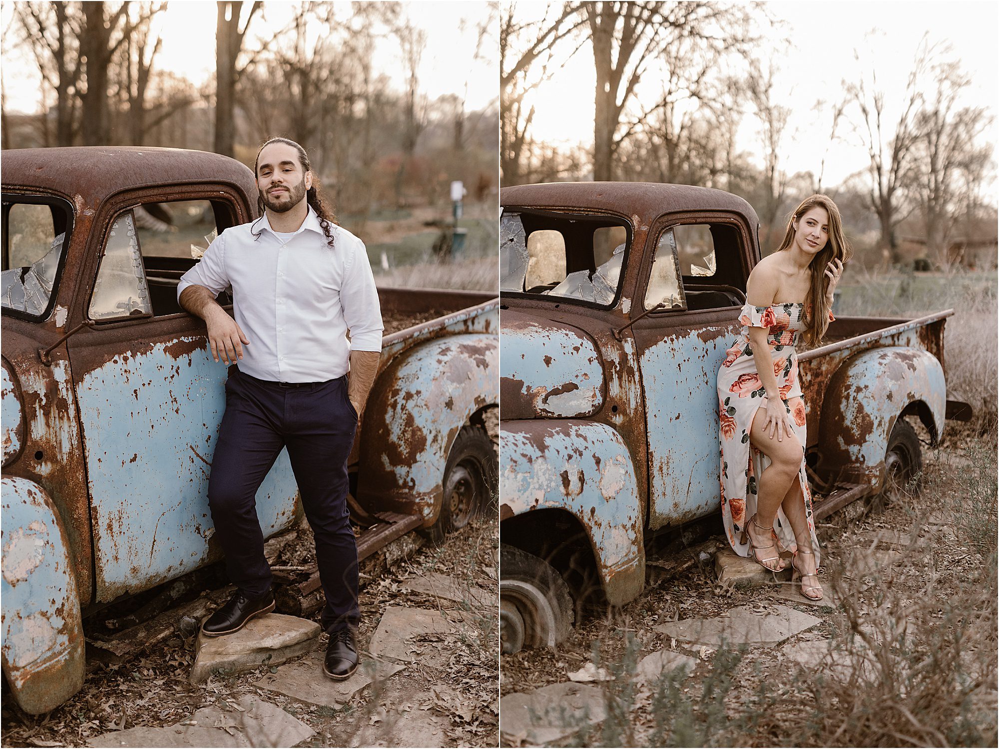 man and woman stand next to beautiful old vintage truck at UT Gardens Knoxville