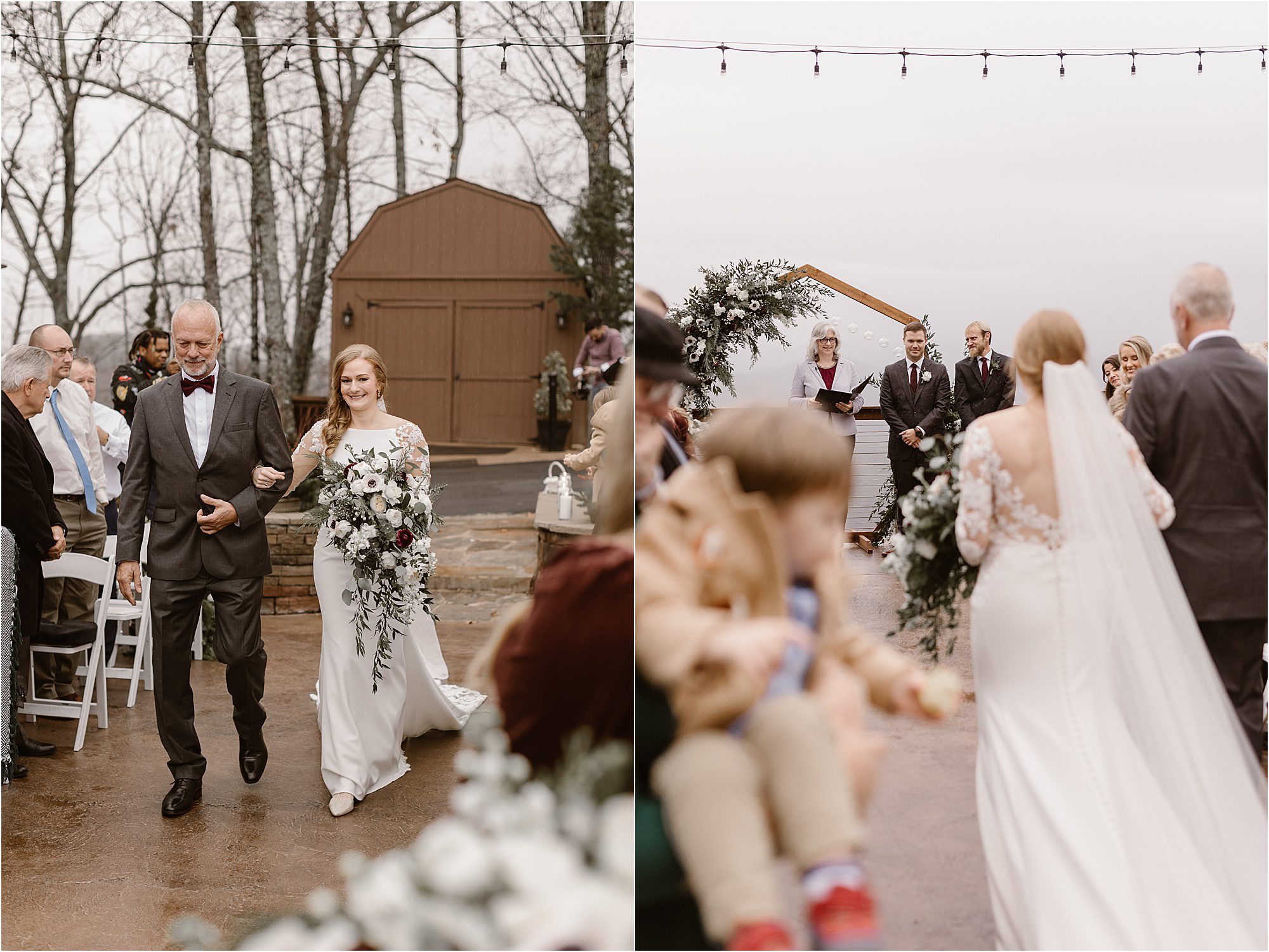 bride walking down aisle with father while groom awaits her