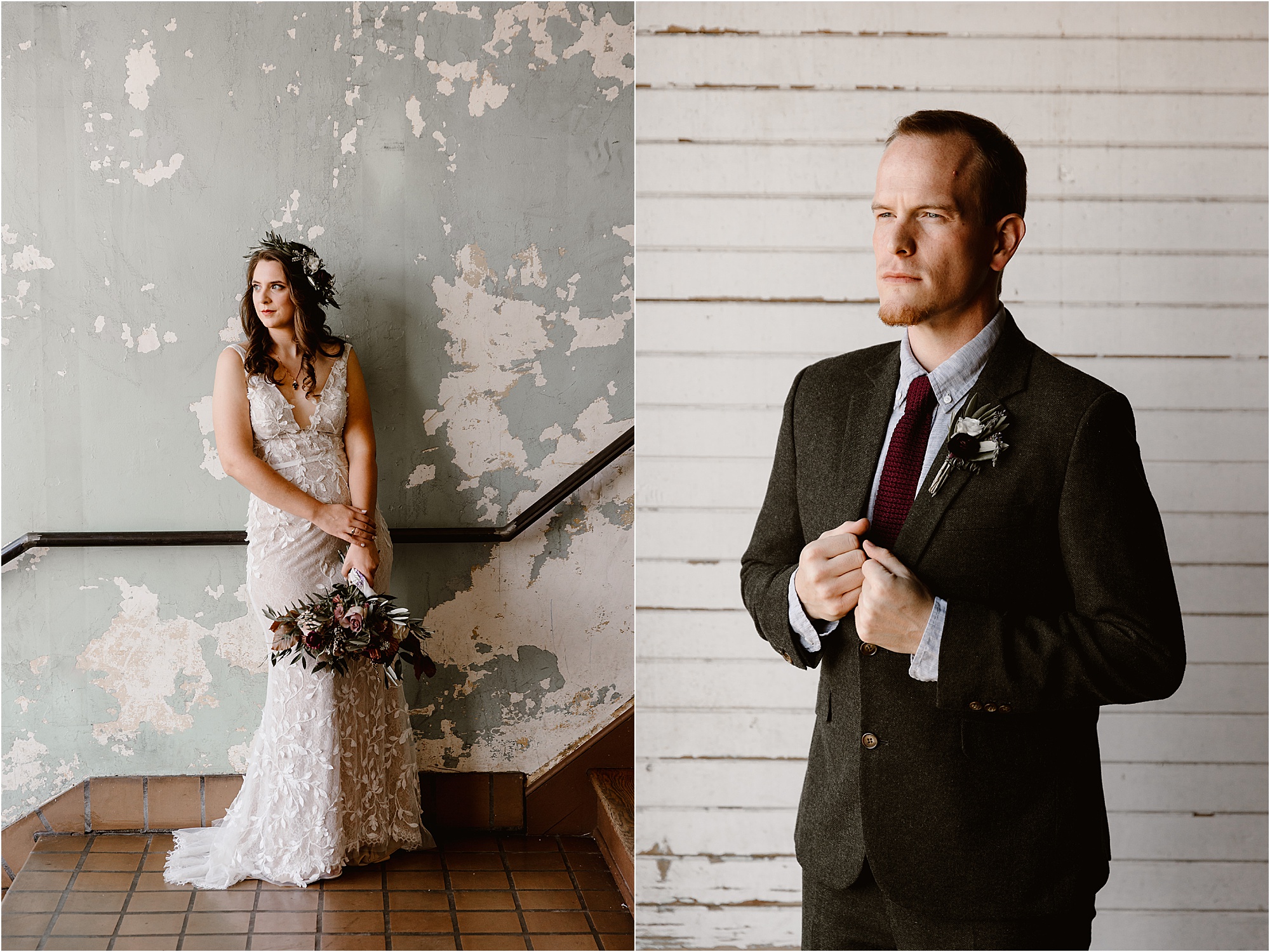 bride leaning against mint distressed wall wearing flower crown and man in tweed jacket with burgundy tie