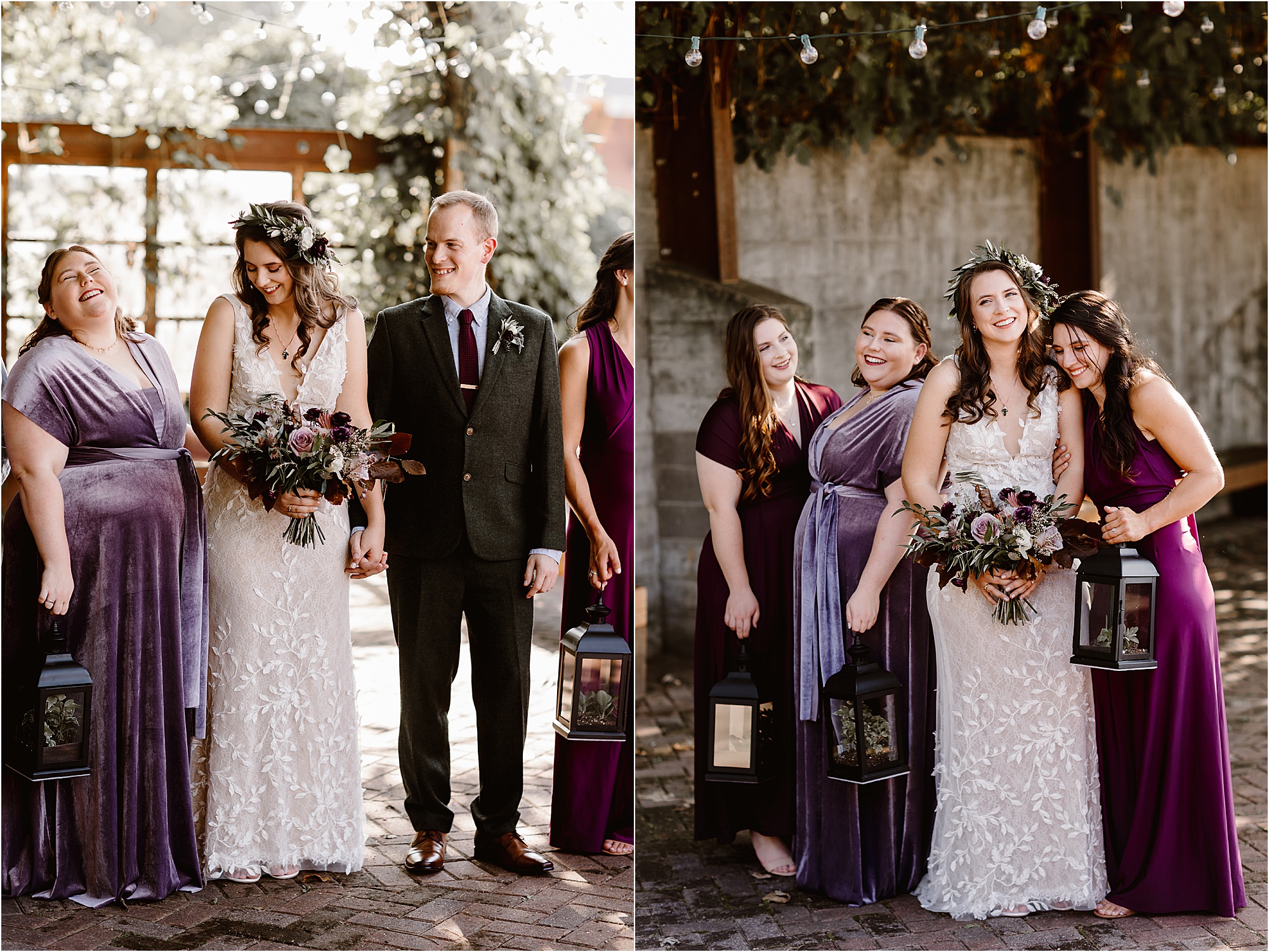 bride and groom stand with bridesmaids in purple velvet dresses holding lanterns
