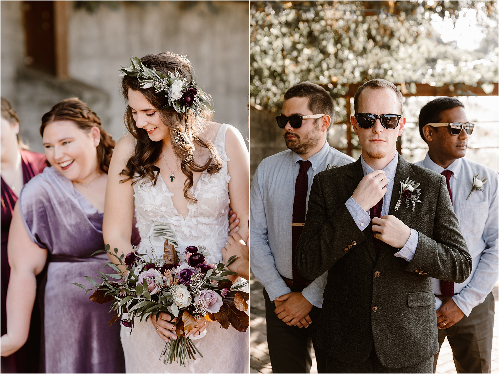 bride and groom stand with bridesmaids and groomsmen wearing sunglasses