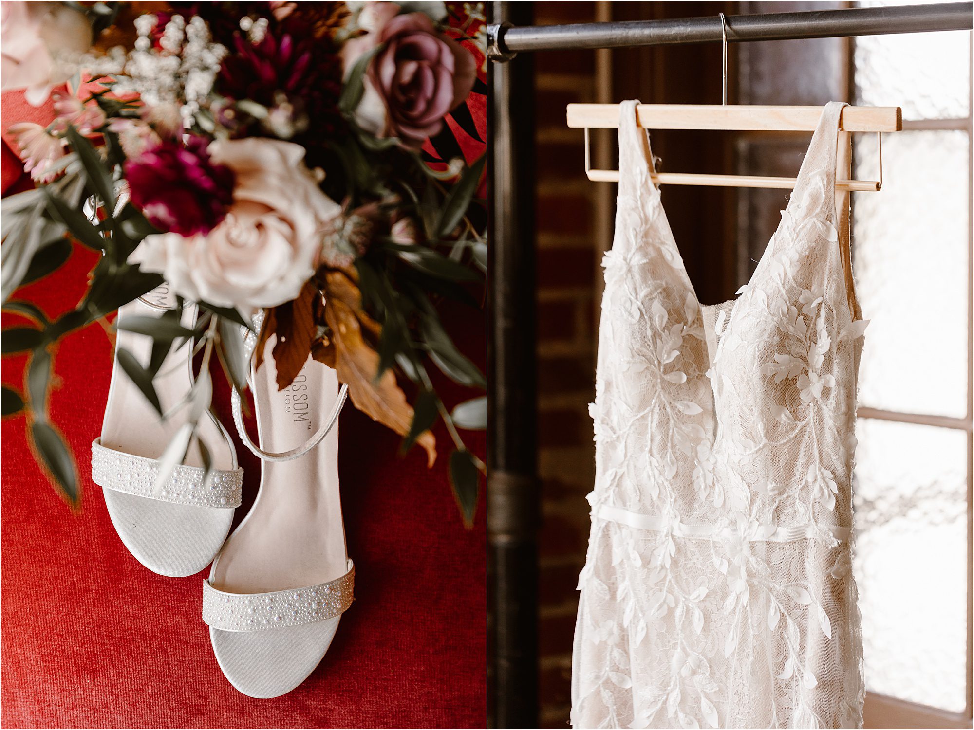 white shoes and white dress hanging on rolling clothing rack