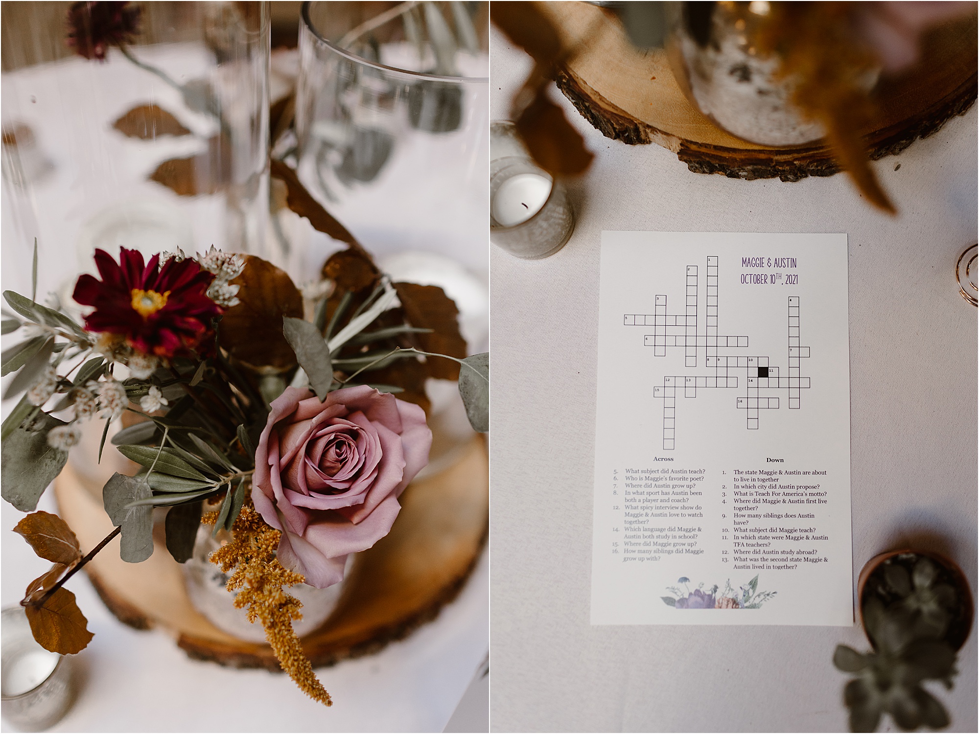 dusty pink rose reception decorations with crossword puzzle game at wedding