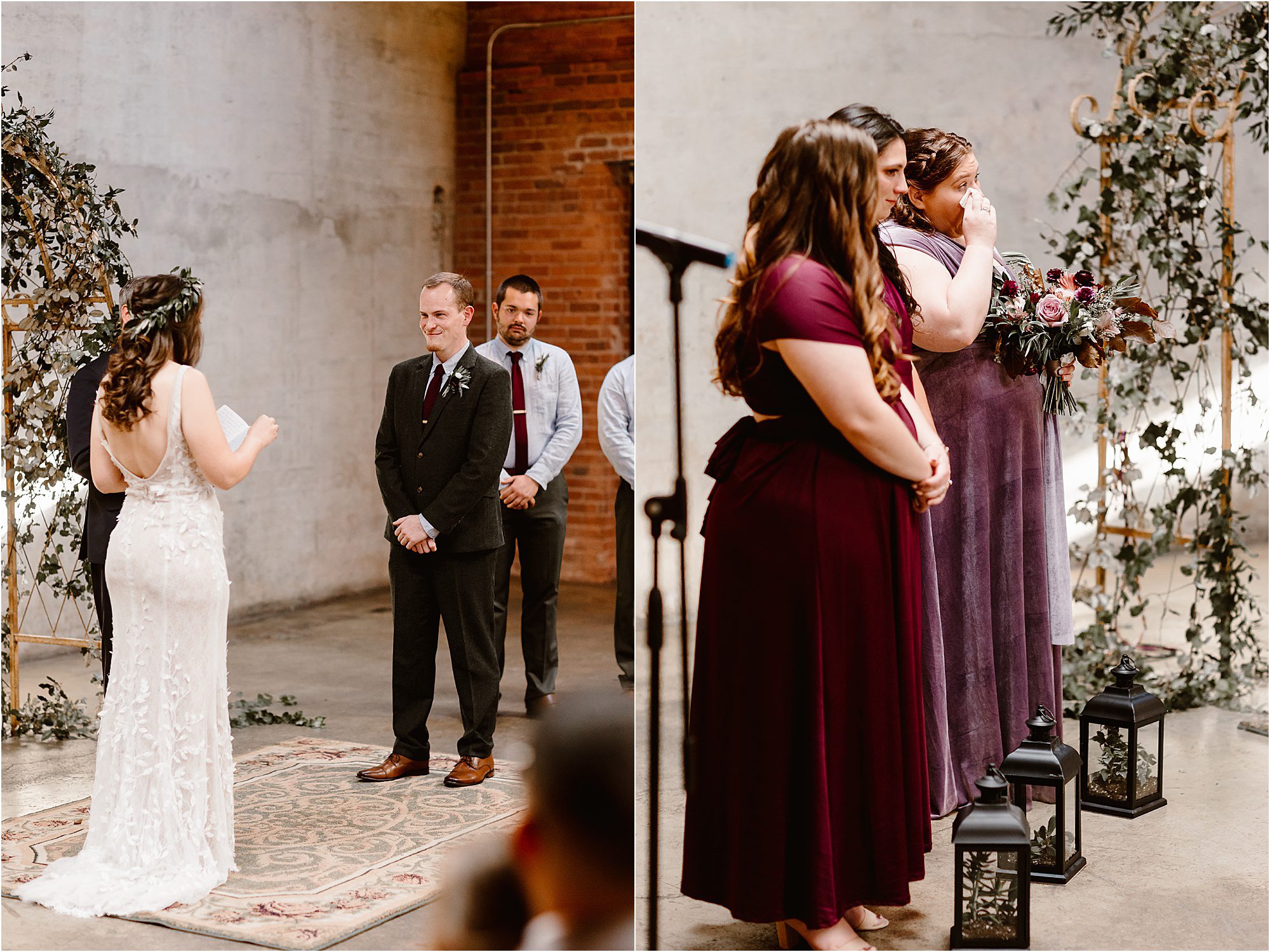 bride and groom exchange intimate vows at wedding ceremony with attendants crying