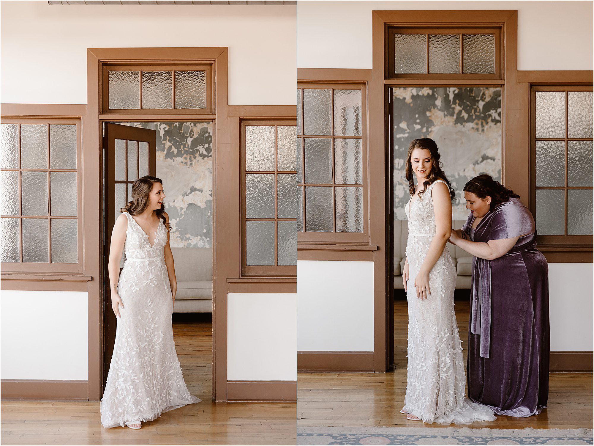 bridesmaid and bride get dressed in front of vintage door