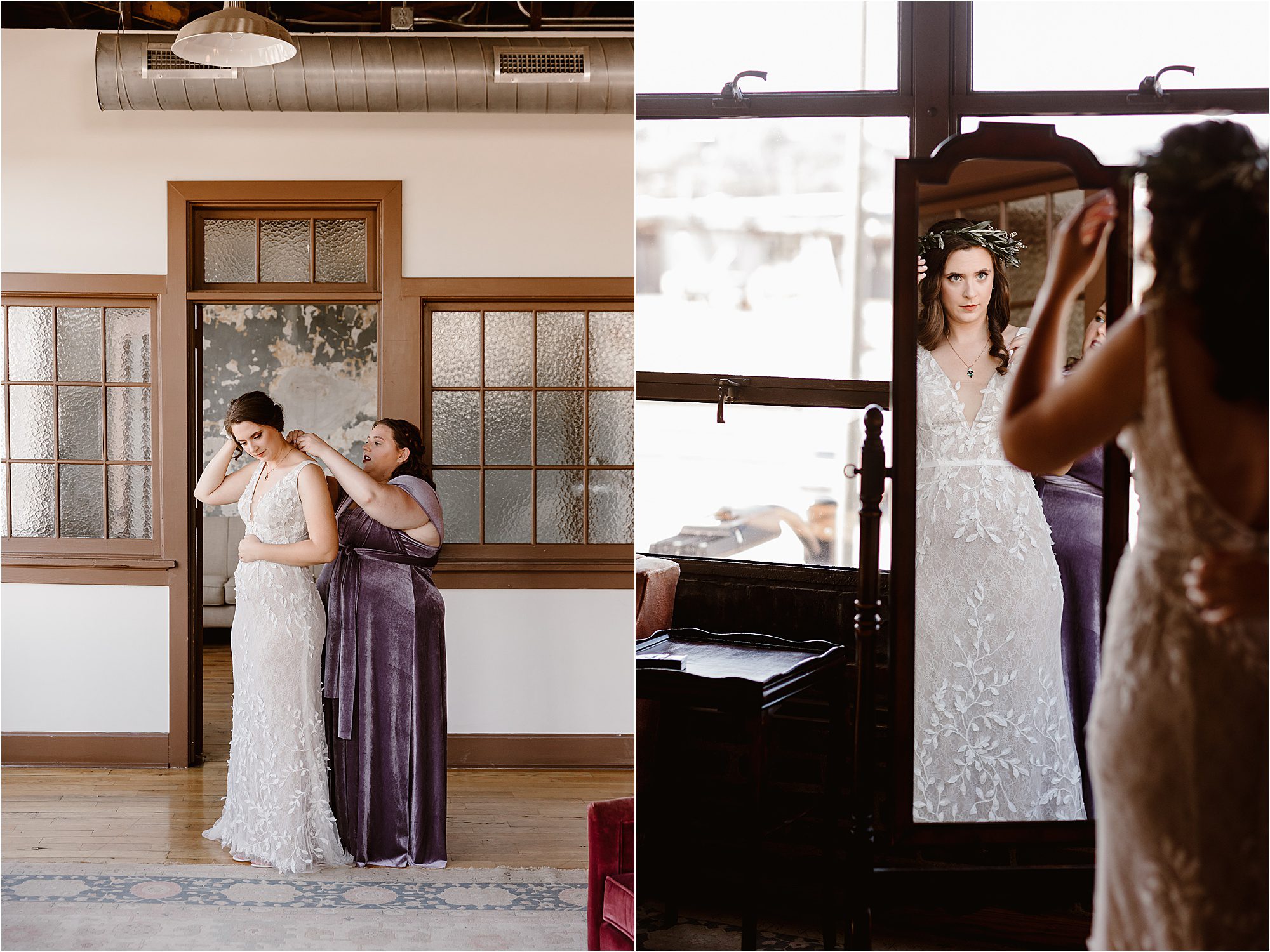 bridesmaid in velvet purple dress helping bride in flower crown get dressed