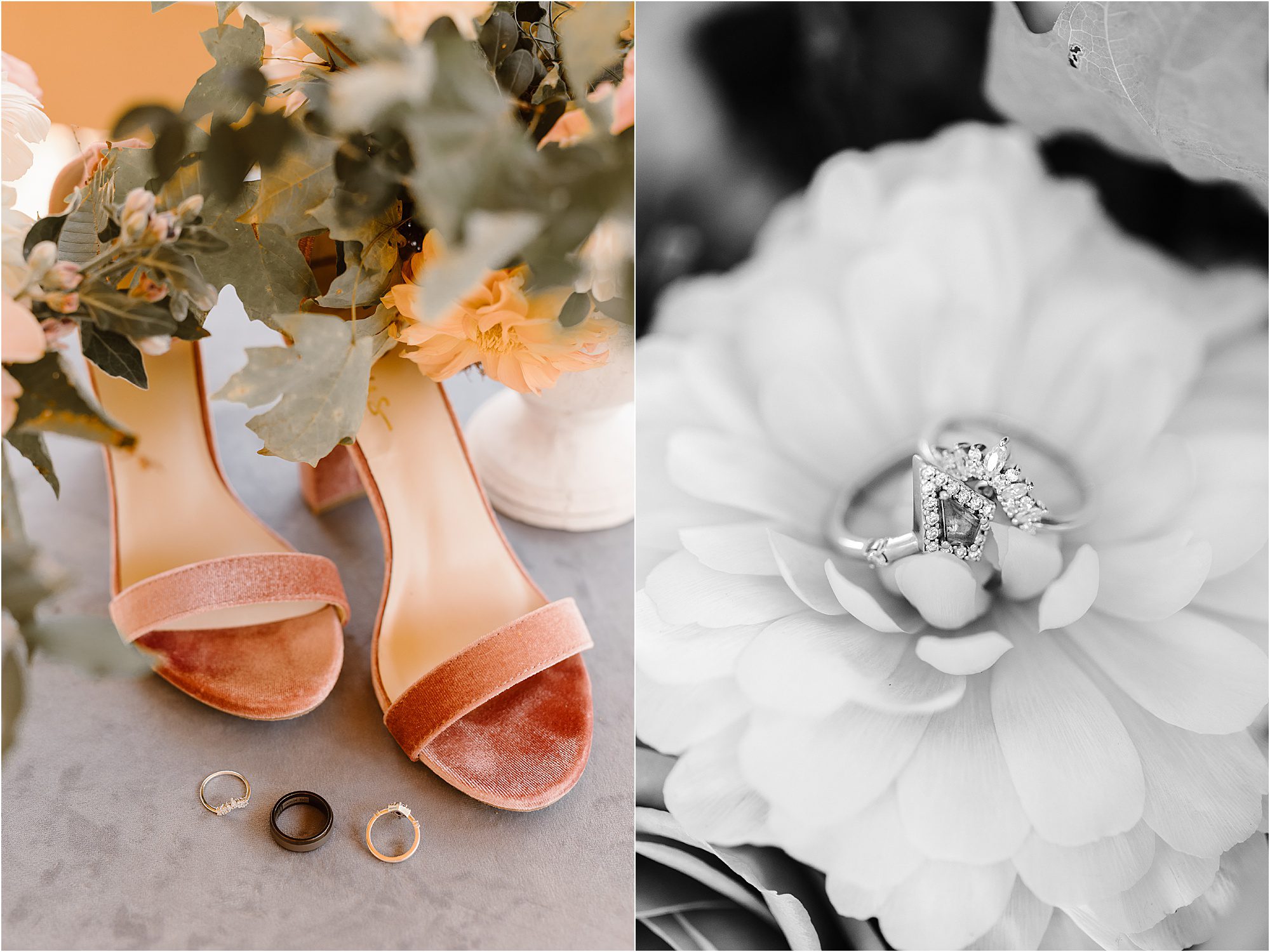 velvet pink wedding shoes with wedding rings