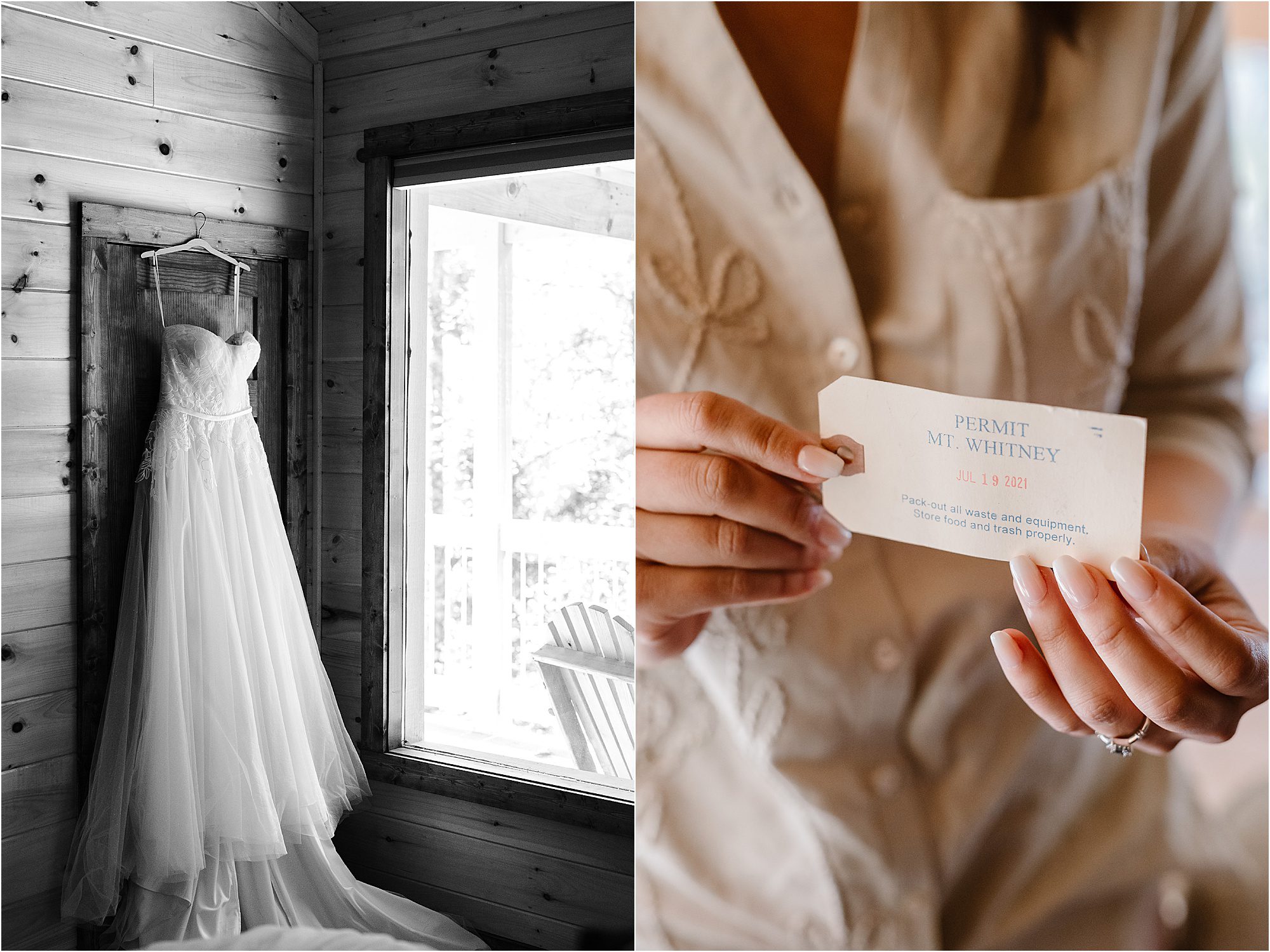 woman holding national park permit and black and white wedding photo of dress hanging on door