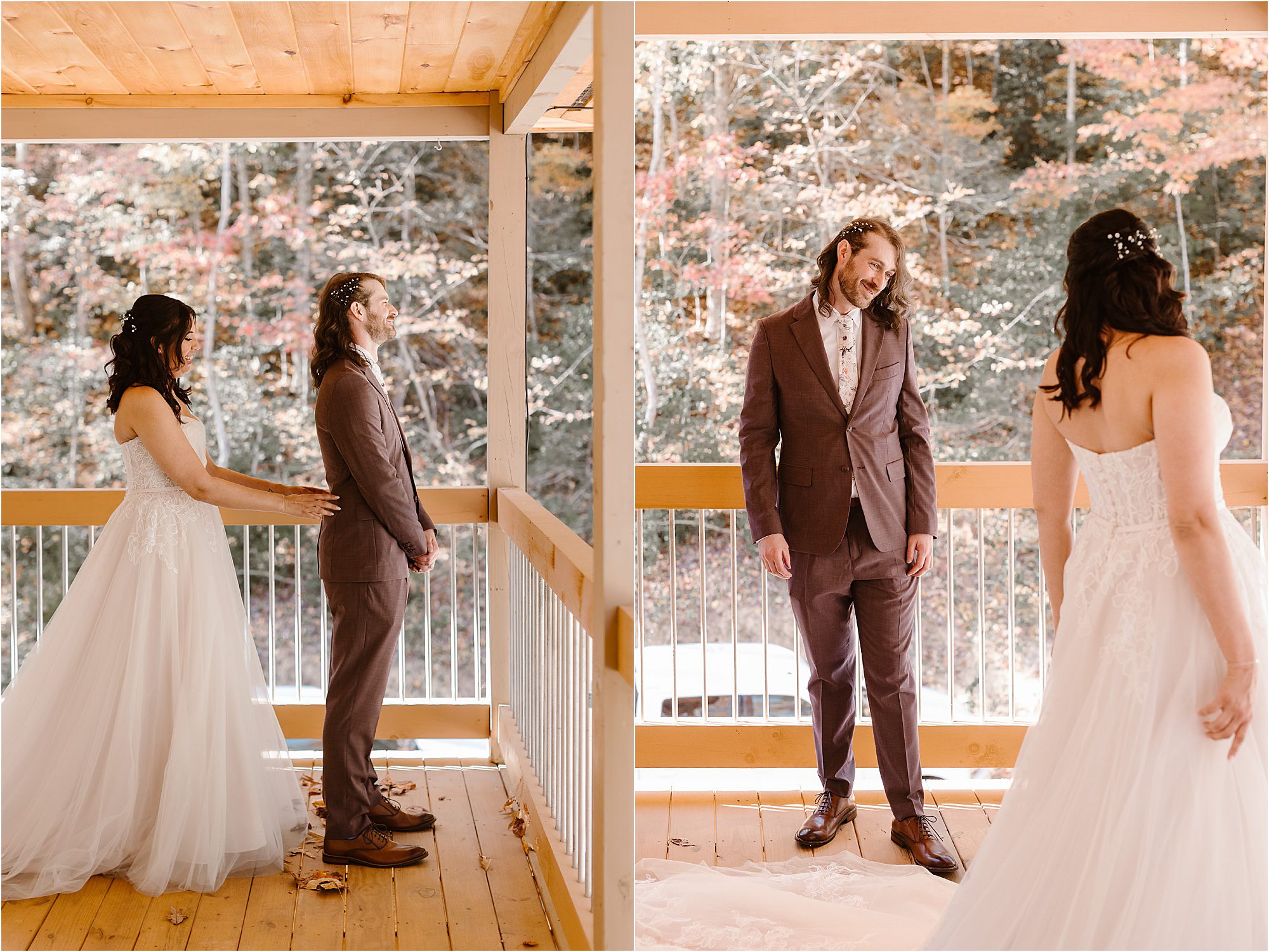first look between bride and groom on cabin deck