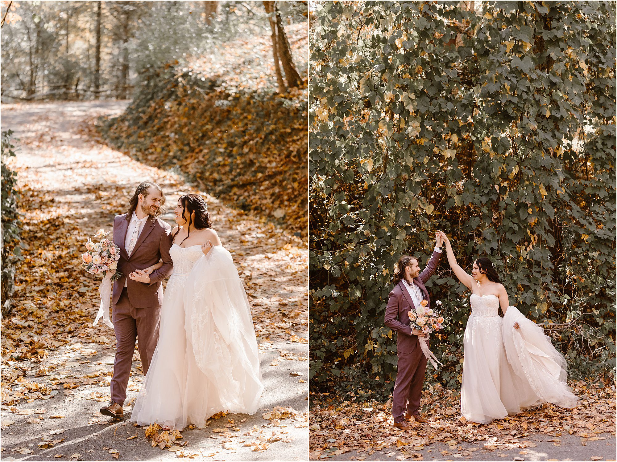 bride and groom dancing and walking along road with fall leaves near Kudzu vine