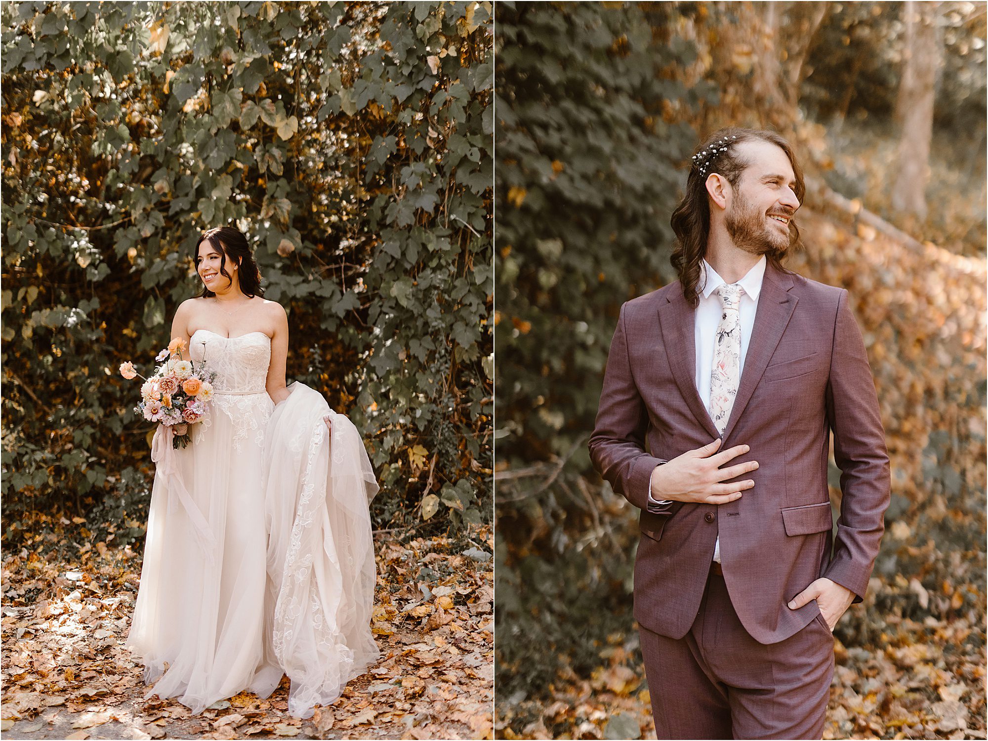 bride holds wedding bouquet while standing on fall leaves and groom wearing baby's breath in hair