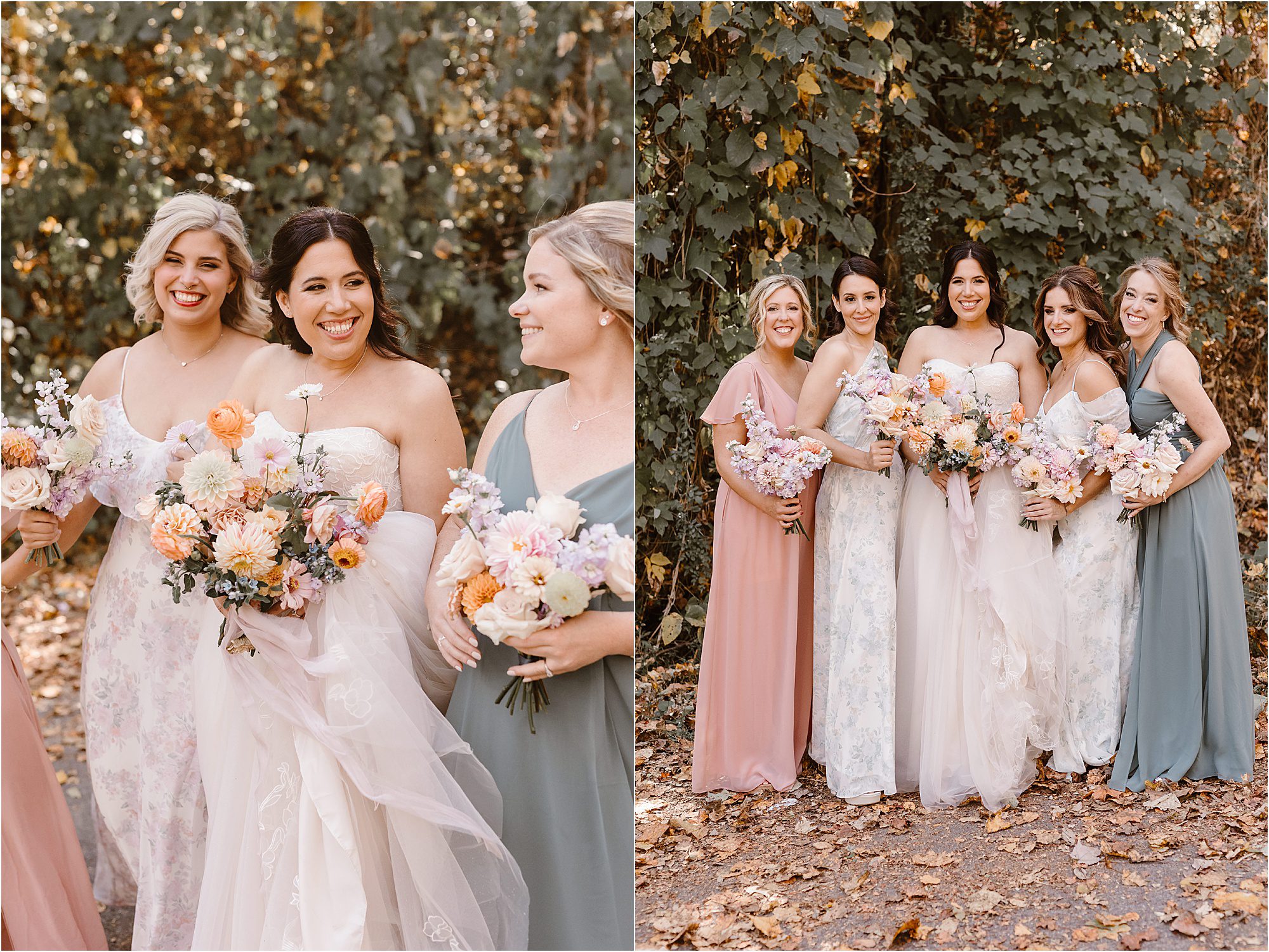 bride walks with bridesmaids in floral bridesmaid dresses with blush pink and light green