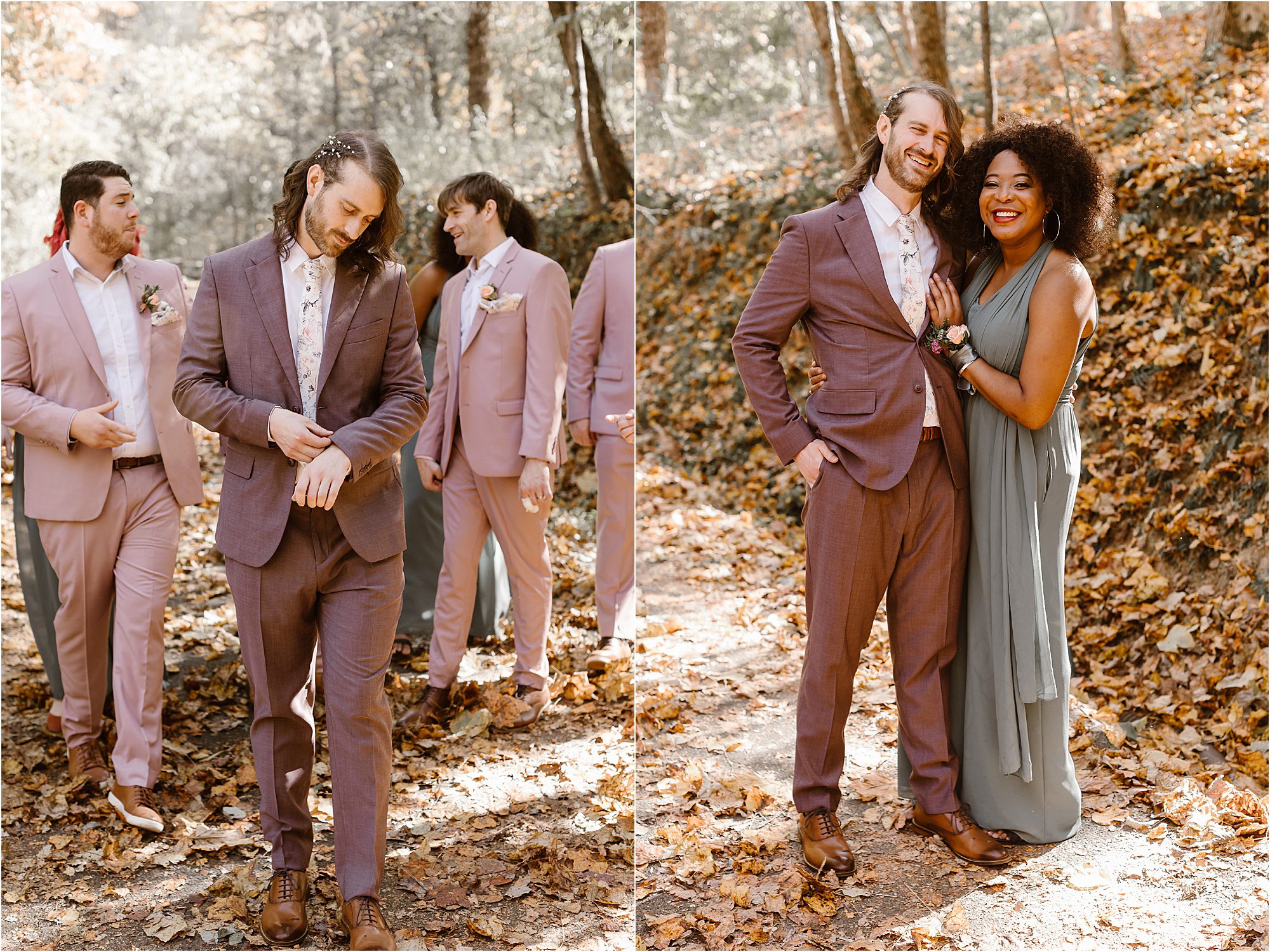 groom walks with groomsmen in pink suits and stands with woman in light green bridesmaid dress
